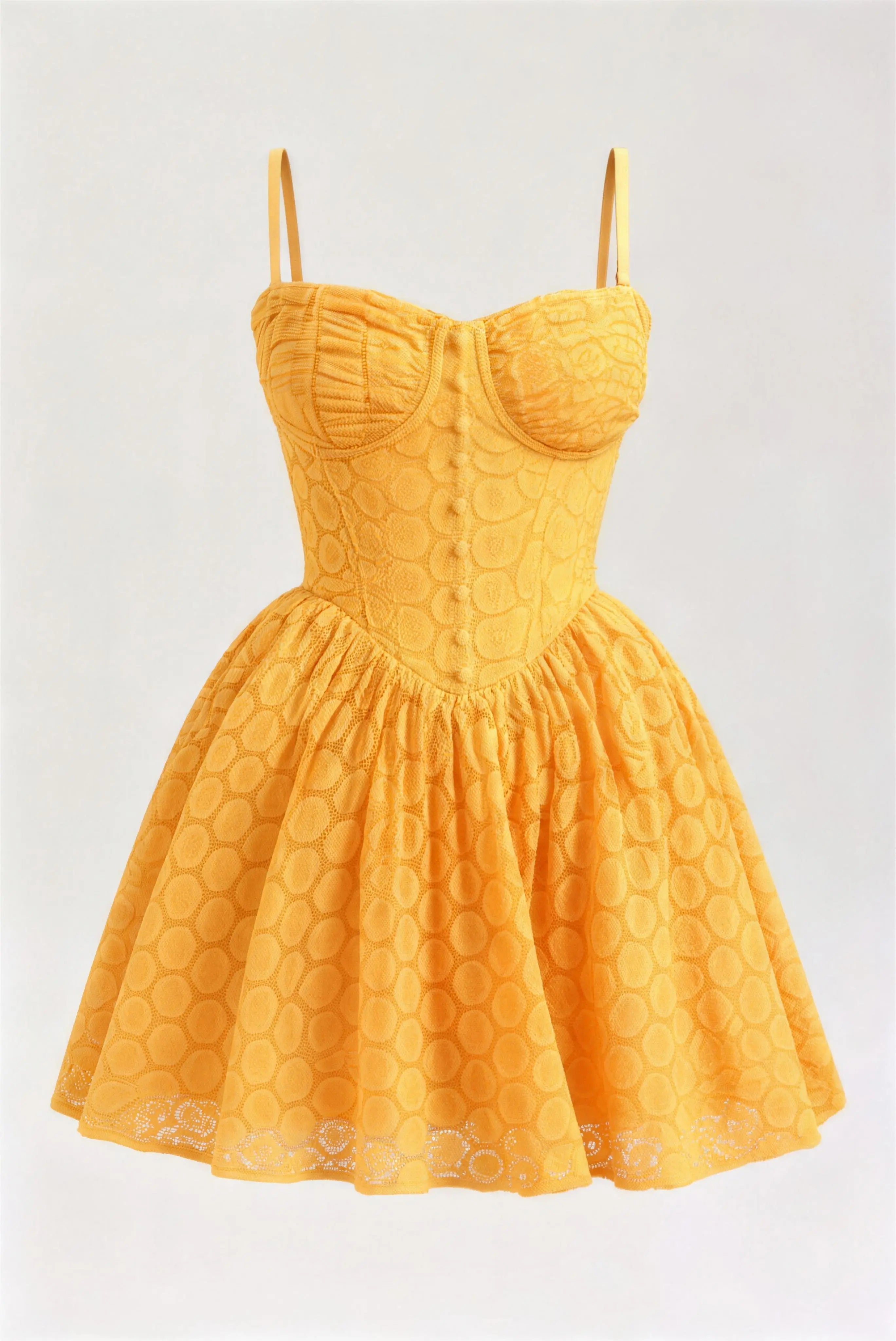 Yellow Lace Corset Spaghetti Strap Mini Dress