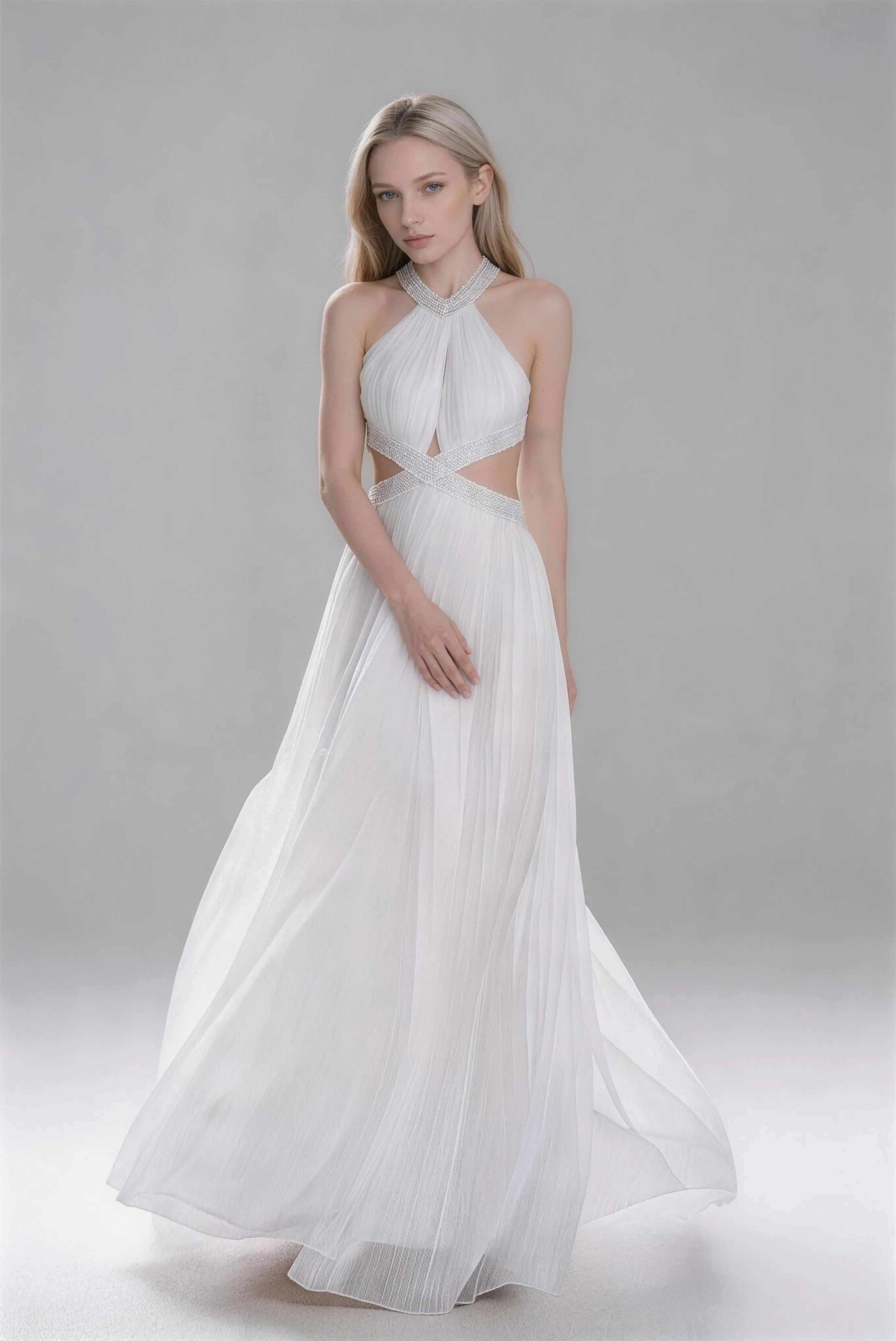 Phoehua White Beaded Halter Neck Backless Maxi Dress, Front View Pleated Chiffon Cutout Waist Formal Wedding Evening Gown