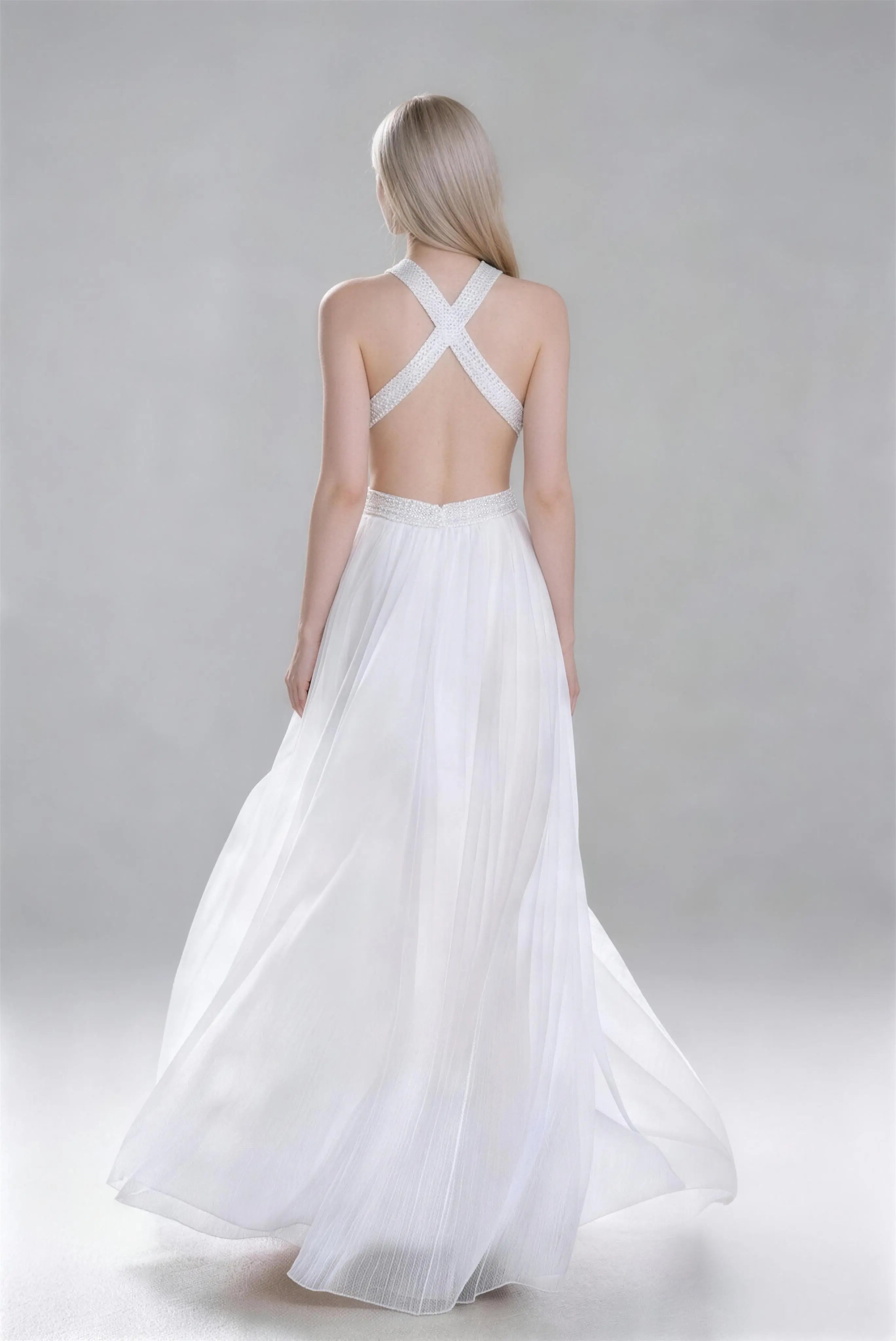 Phoehua Luxury White Beaded Evening Dress, Back View X Criss Cross Halter Backless Long Formal Party Gown