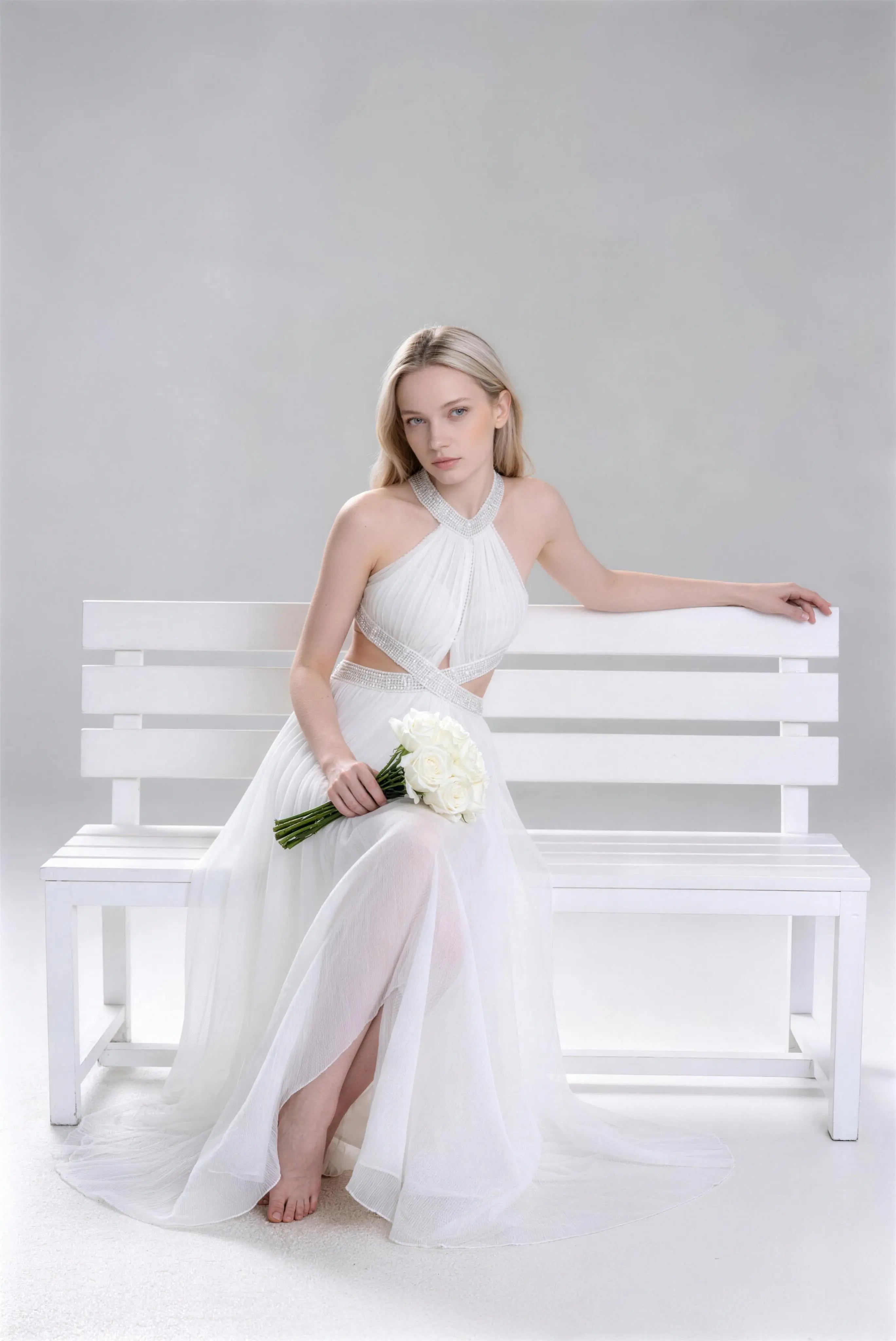 Phoehua Elegant White Chiffon Pleated Maxi Dress, Sitting Pose Halter Beaded Wedding Bridal Ceremony Dress