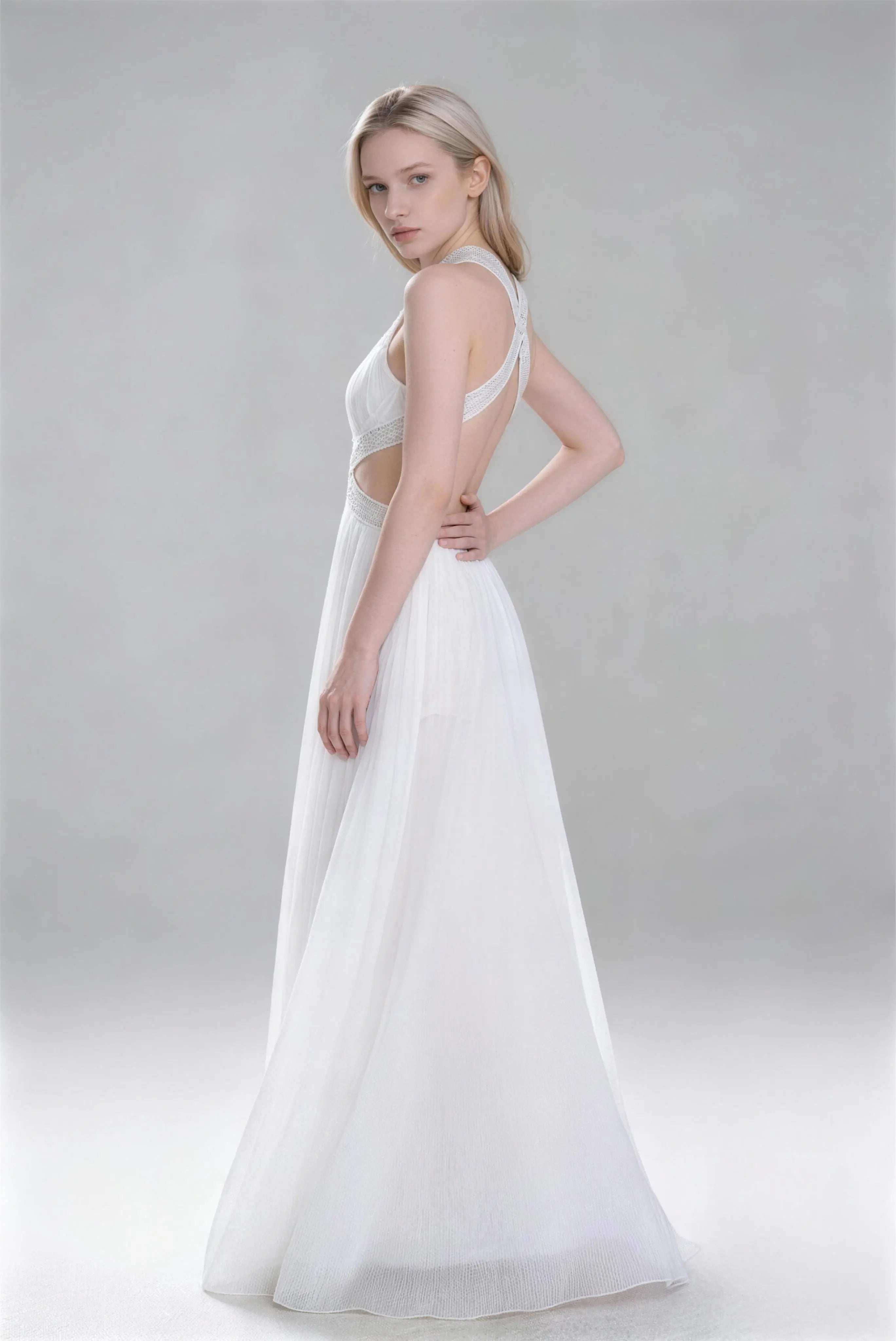 Phoehua Chic Halter Neck Backless Formal Gown, Side View White Beaded Flowy Pleated Evening Wedding Dress