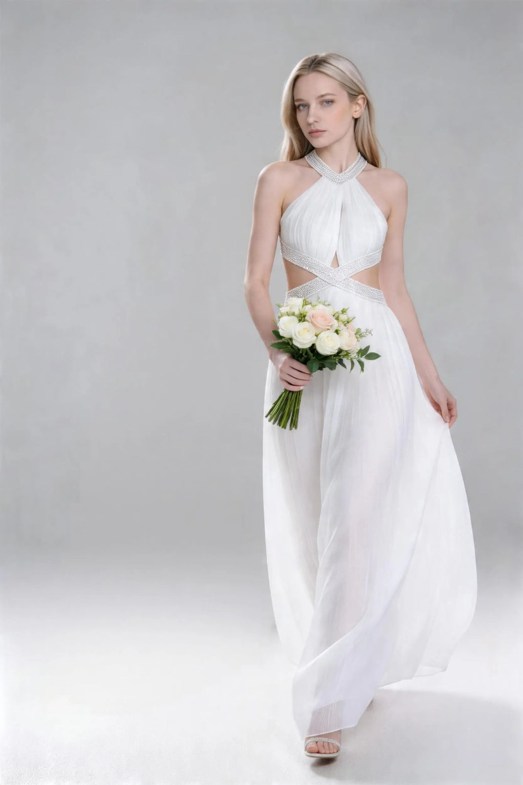 White Beaded Halter Neck Backless Maxi Dress