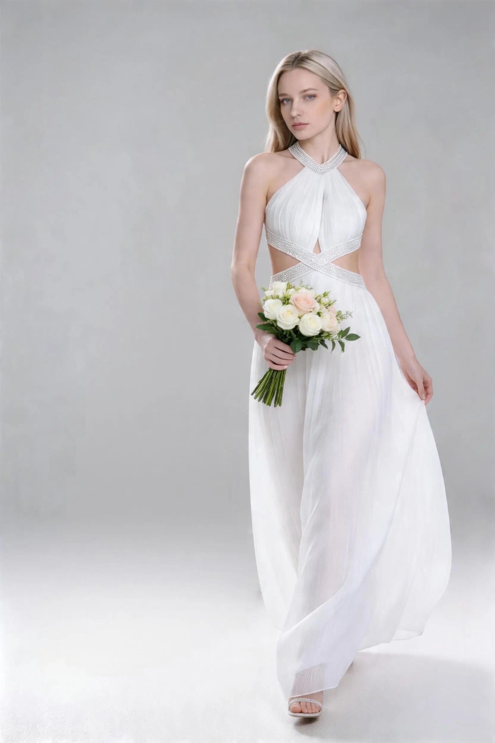 White Beaded Halter Neck Backless Maxi Dress