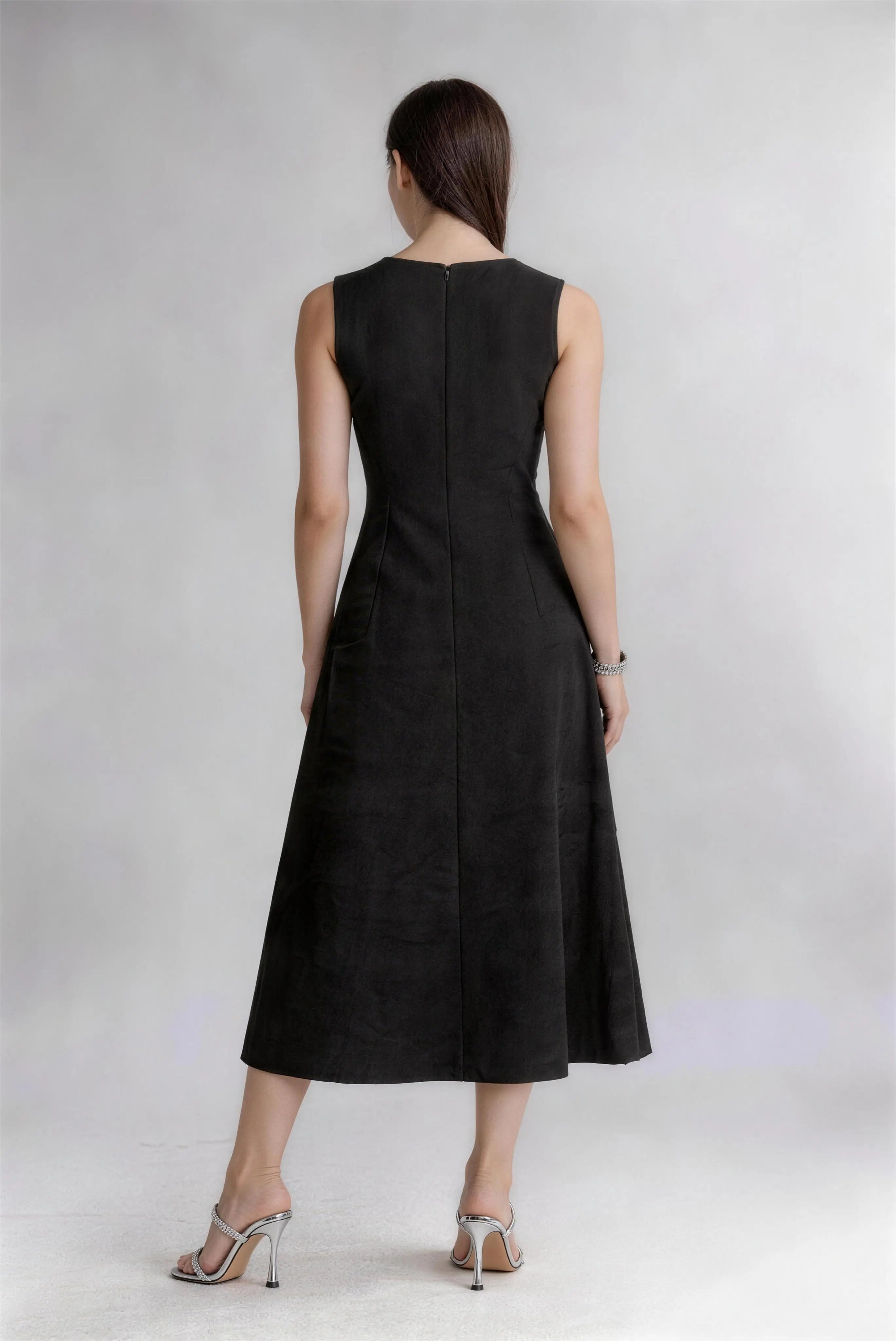 Phoehua Elegant Black Embroidered Dress, Back View Invisible Zipper Sleeveless High Waist A-Line Formal Dress