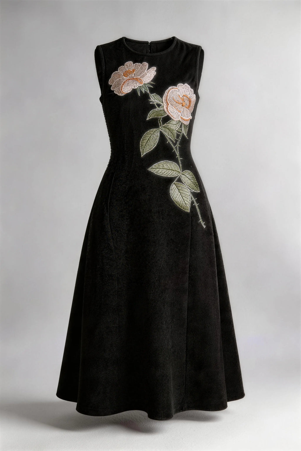 Phoehua Luxury Floral Embroidered Sleeveless Dress, Flat Lay High Waist Vintage Black Formal Party Midi Dress