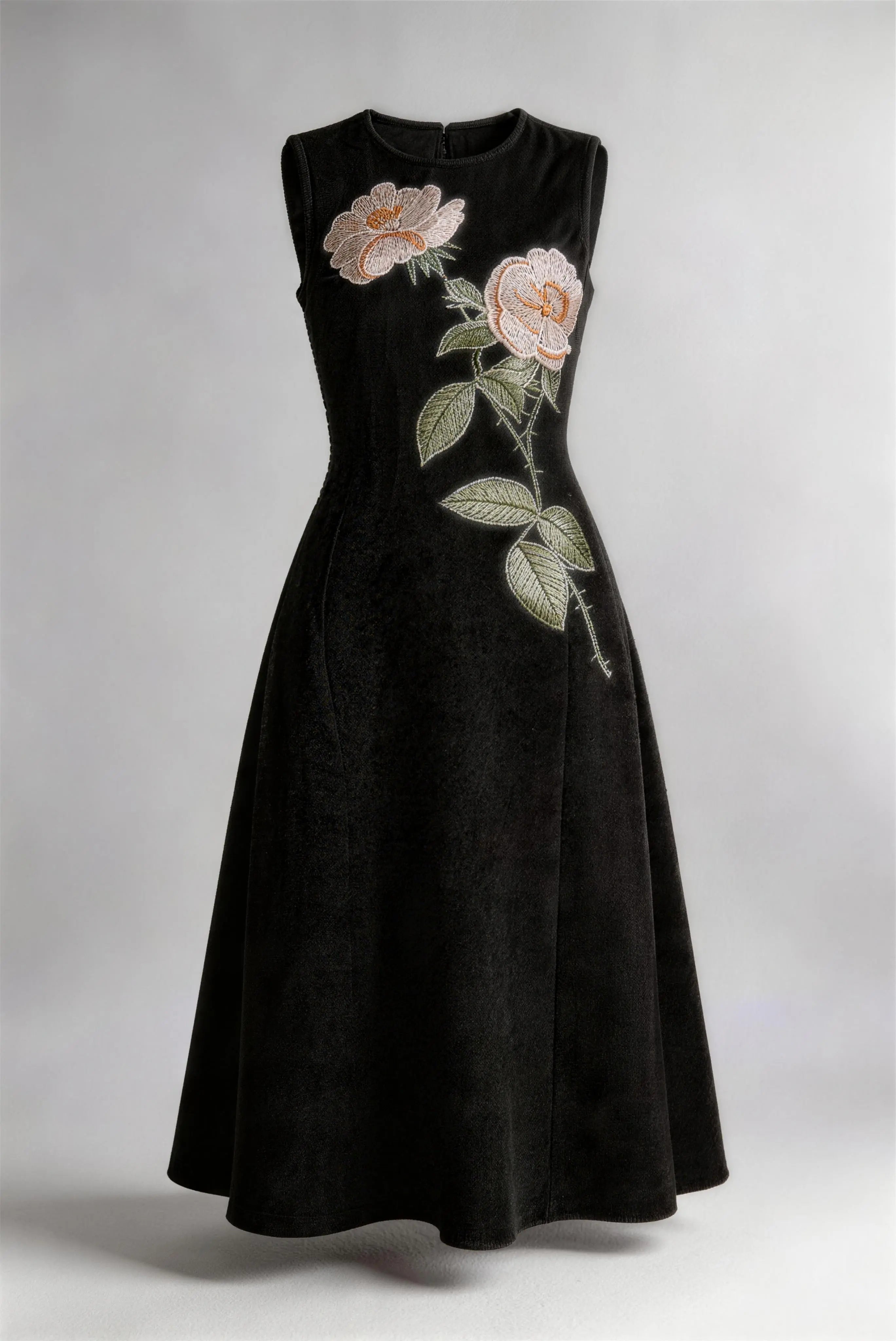 Phoehua Luxury Floral Embroidered Sleeveless Dress, Flat Lay High Waist Vintage Black Formal Party Midi Dress