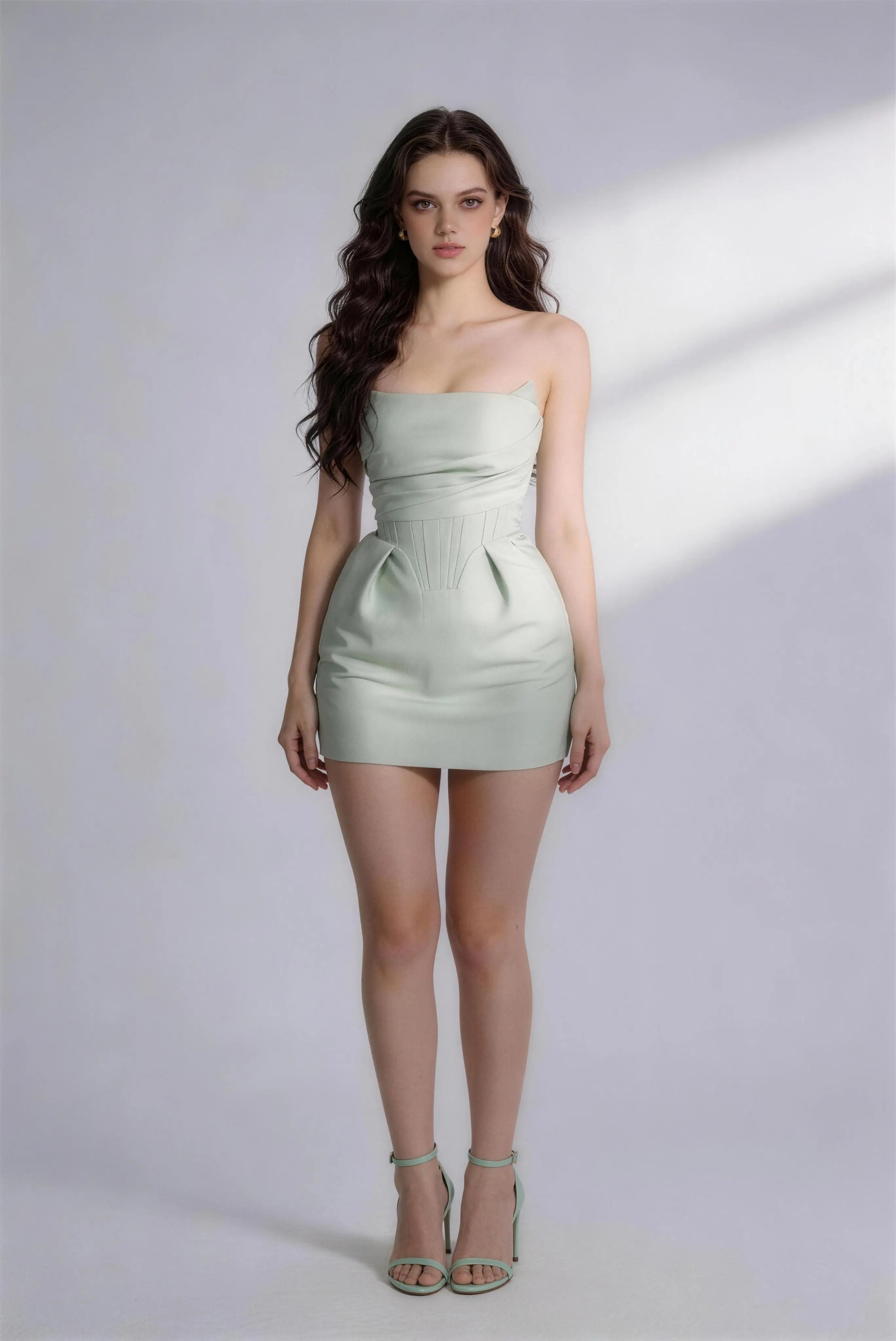 Phoehua Mint Green Strapless Corset Mini Dress, Front View High Waist Pleated Ruched Elegant Party Club Short Dress