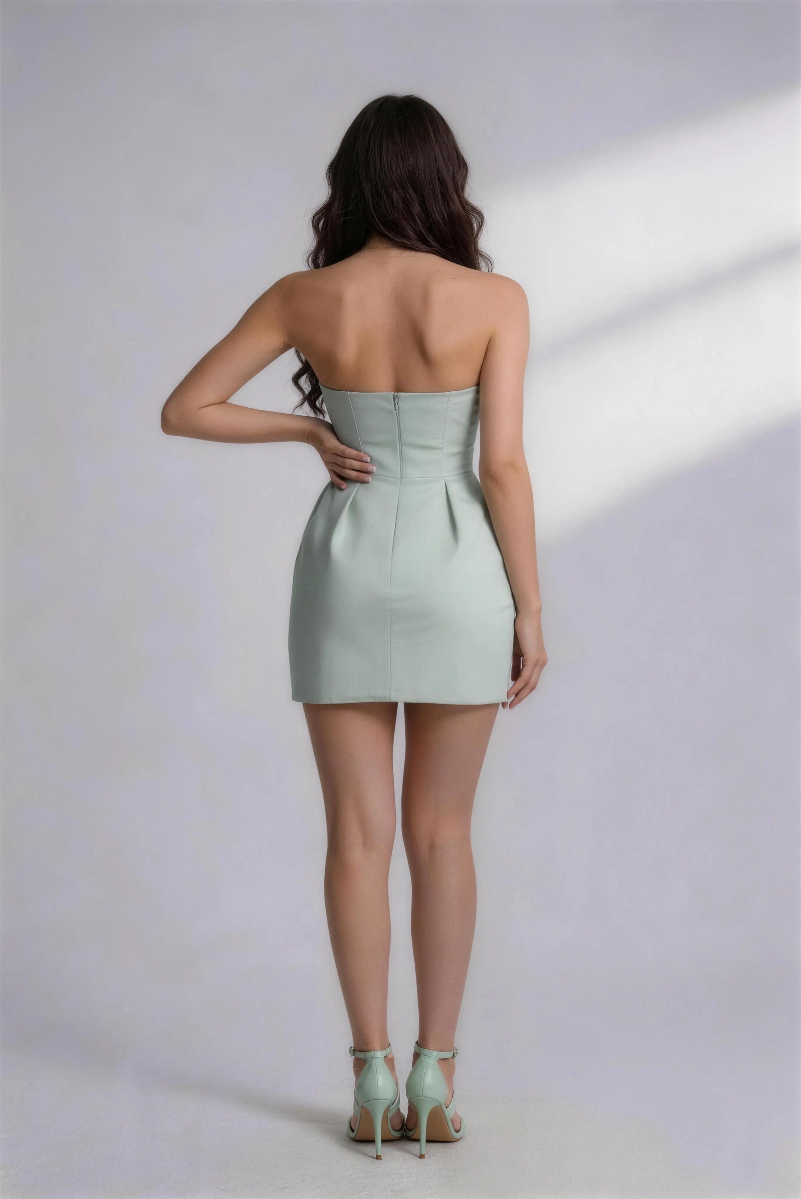 Phoehua Elegant Mint Green Bare Back Dress, Back View Invisible Zipper Strapless High Waist Bodycon Party Mini Dress