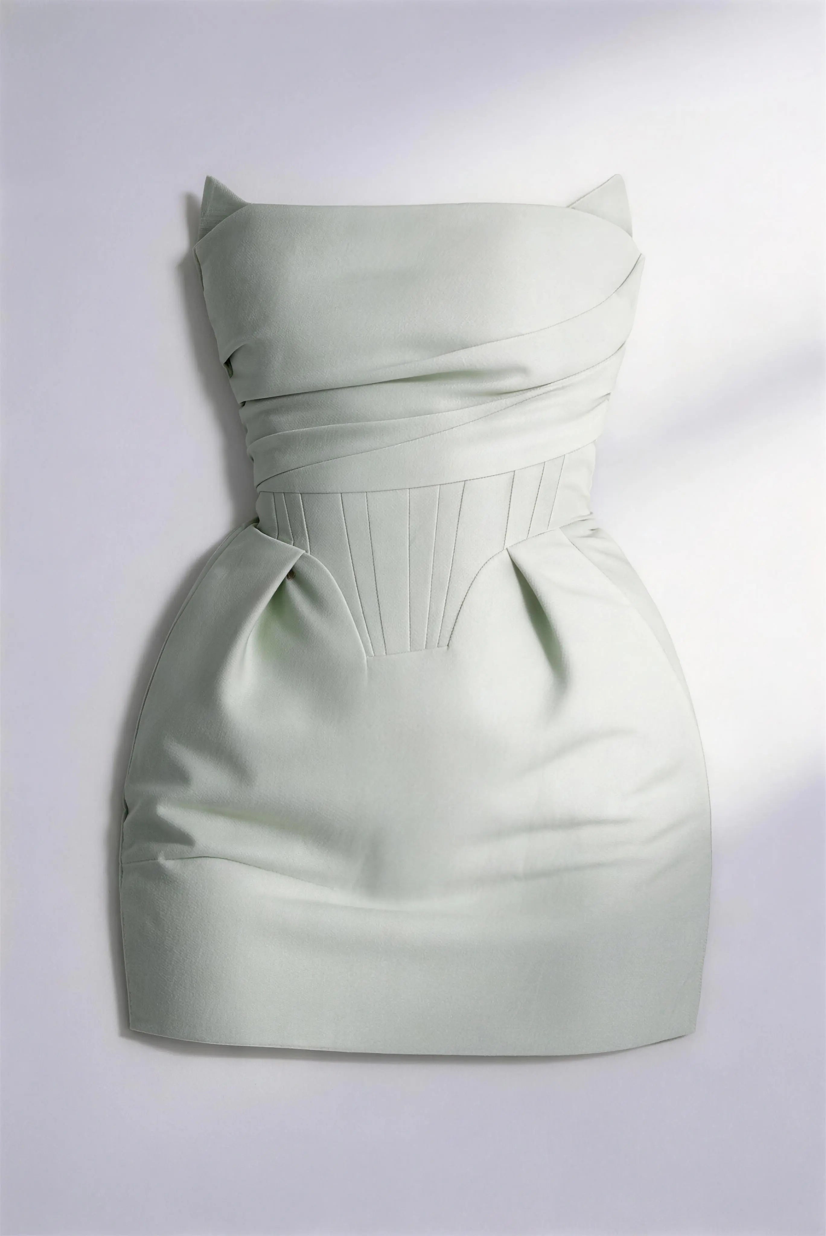 Phoehua Luxury Mint Green Strapless Party Dress, Flat Lay High Waist Pleated Corset Elegant Formal Mini Dress