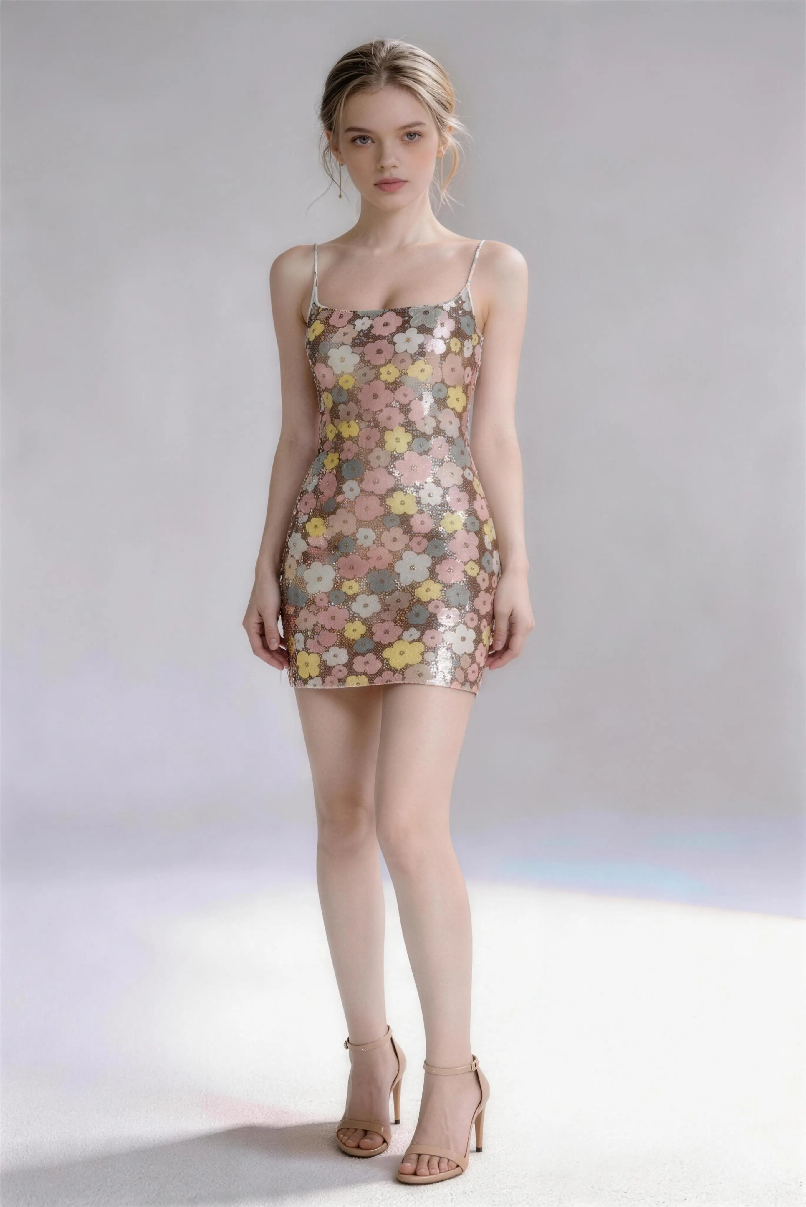 Phoehua Champagne Floral Sequin Spaghetti Strap Mini Dress, Front View Lace Up Back Bodycon Glam Party Evening Club Short Dress