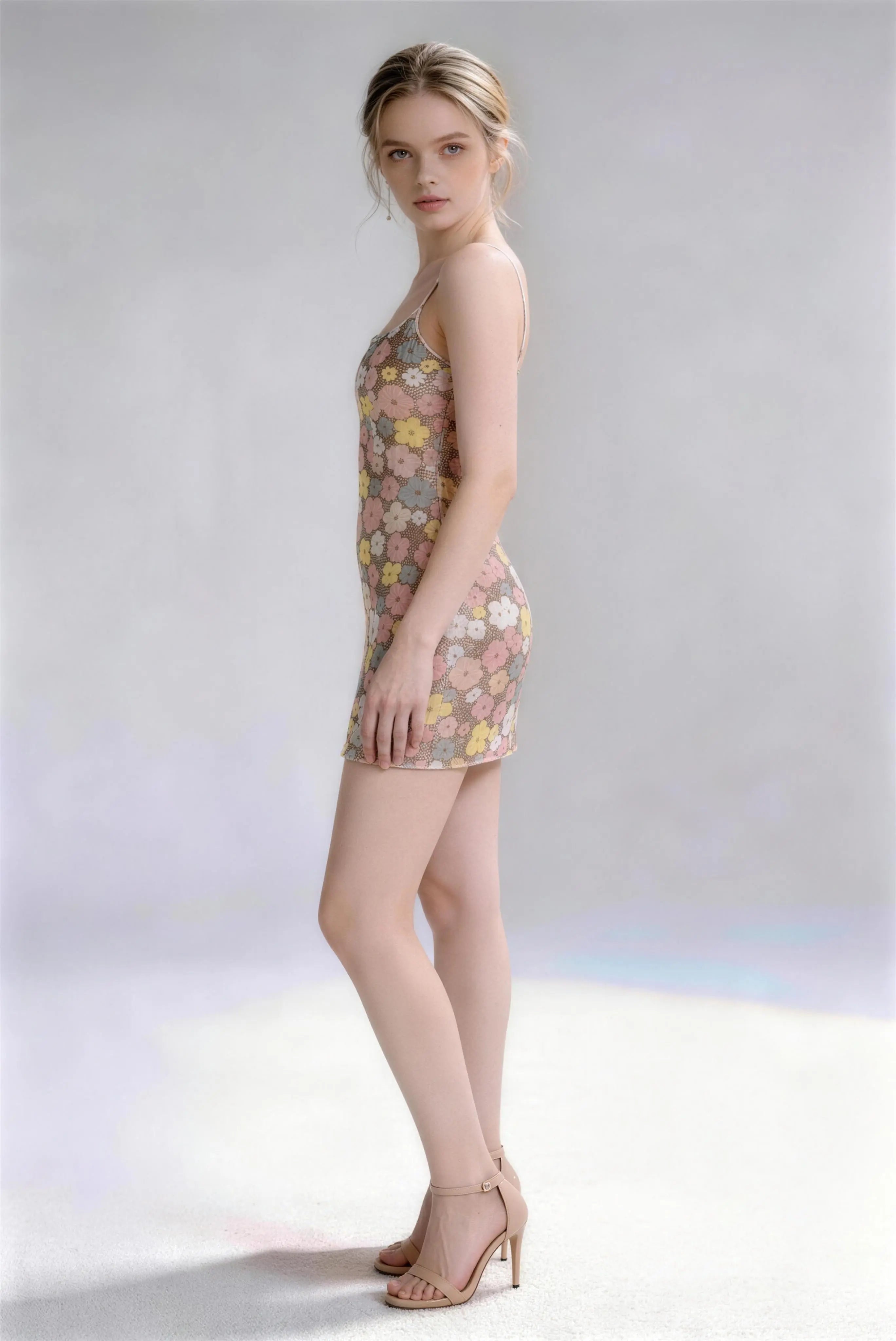 Phoehua Chic Colorful Flower Sequin Mini Dress, Side View Spaghetti Strap Open Back Bodycon Evening Party Dress