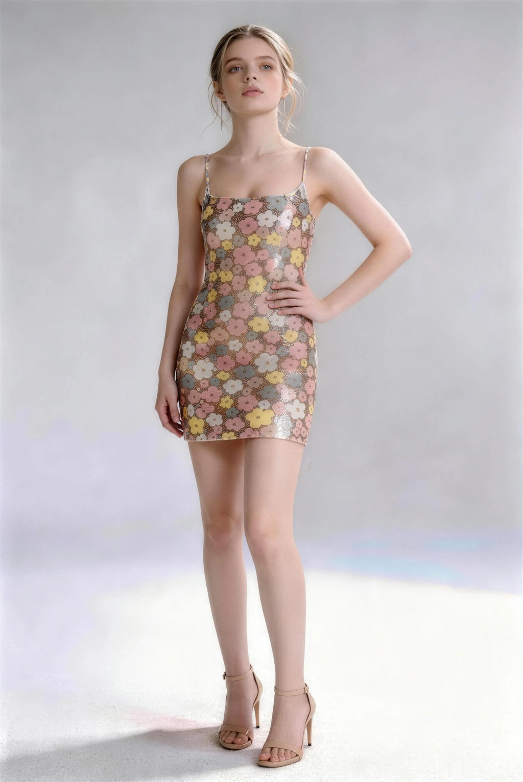 Phoehua Trendy Champagne Floral Sequin Dress, Front Pose Slim Fit Sleeveless Club Date Night Short Dress
