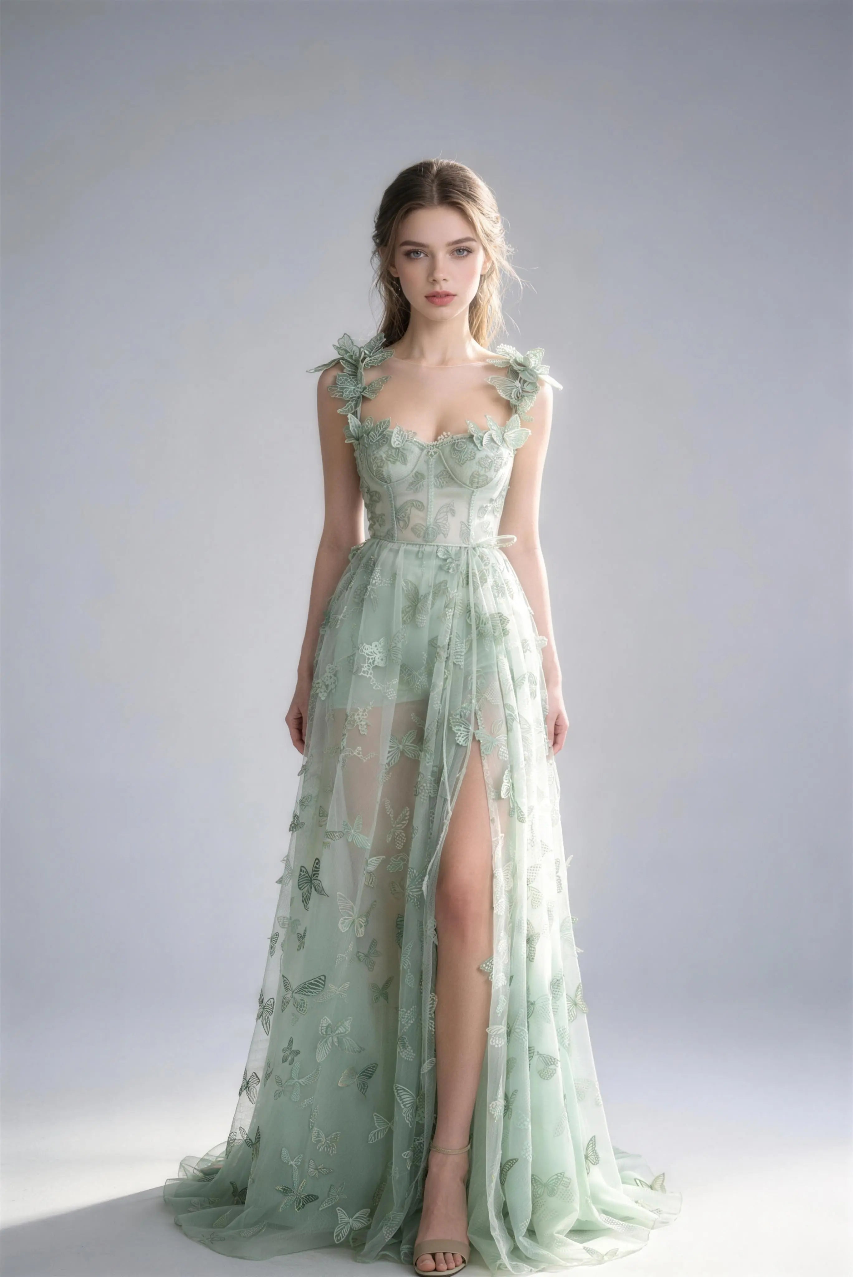 Phoehua Mint Green 3D Butterfly Embroidery Tulle Maxi Dress, Front View Spaghetti Strap High Slit Fairy Wedding Evening Formal Gown
