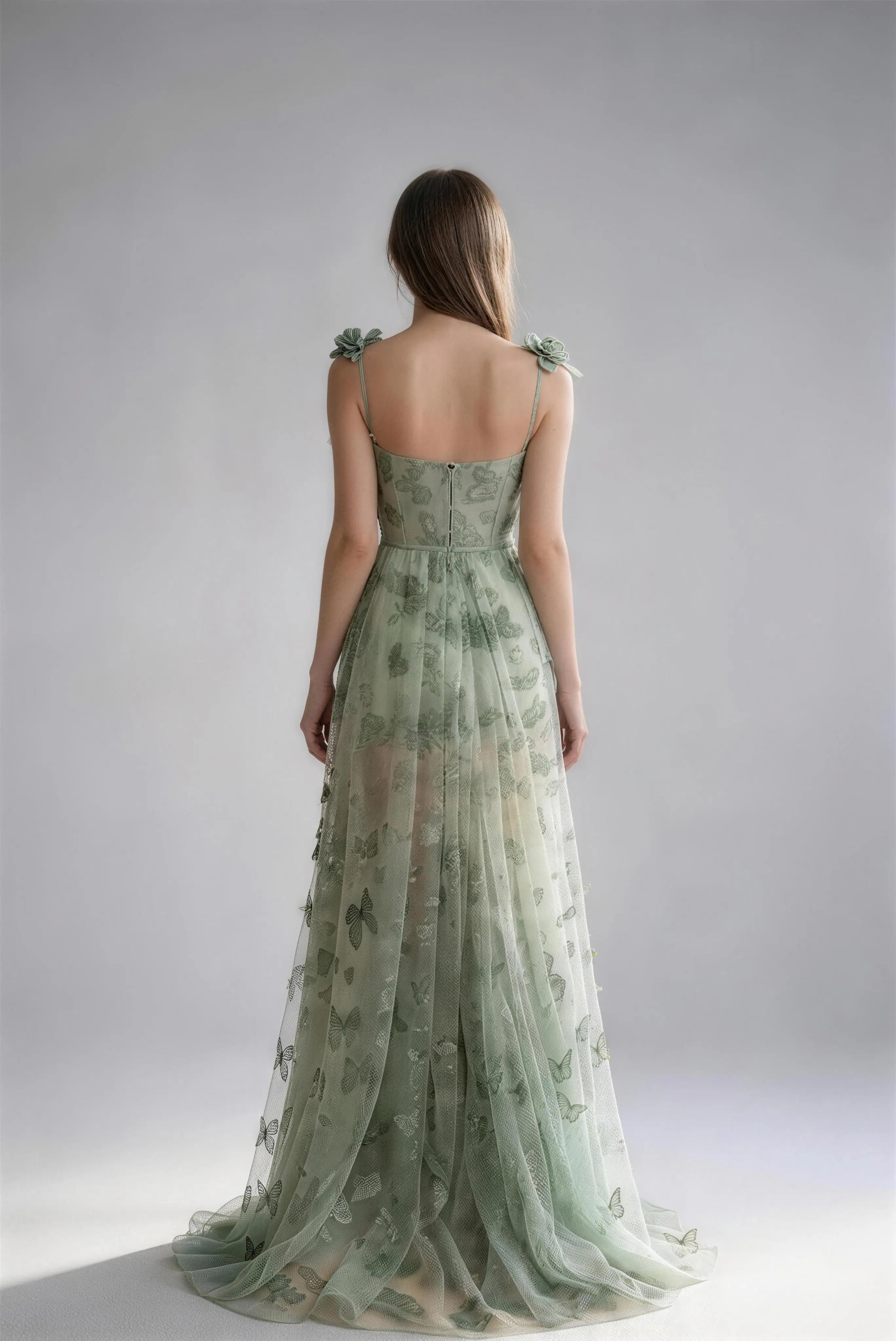 Phoehua Elegant Forest Fairy Butterfly Dress, Backless View Sleeveless Spaghetti Strap Flowy Tulle Bridal Wedding Long Dress