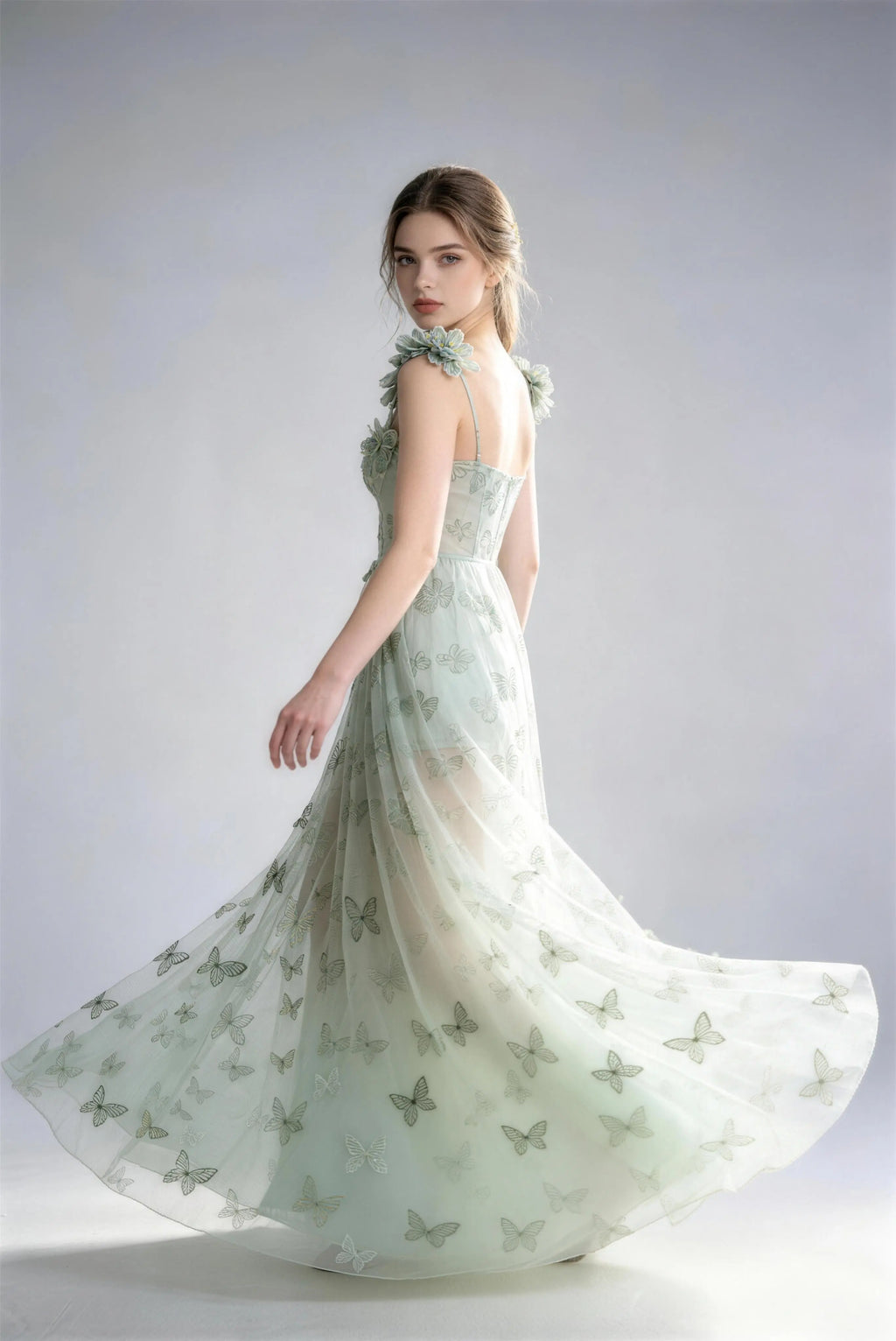 Phoehua Chic Mint Green Embroidery Maxi Dress, Walking Side View Flowy Tulle High Slit Romantic Fairy Evening Gown
