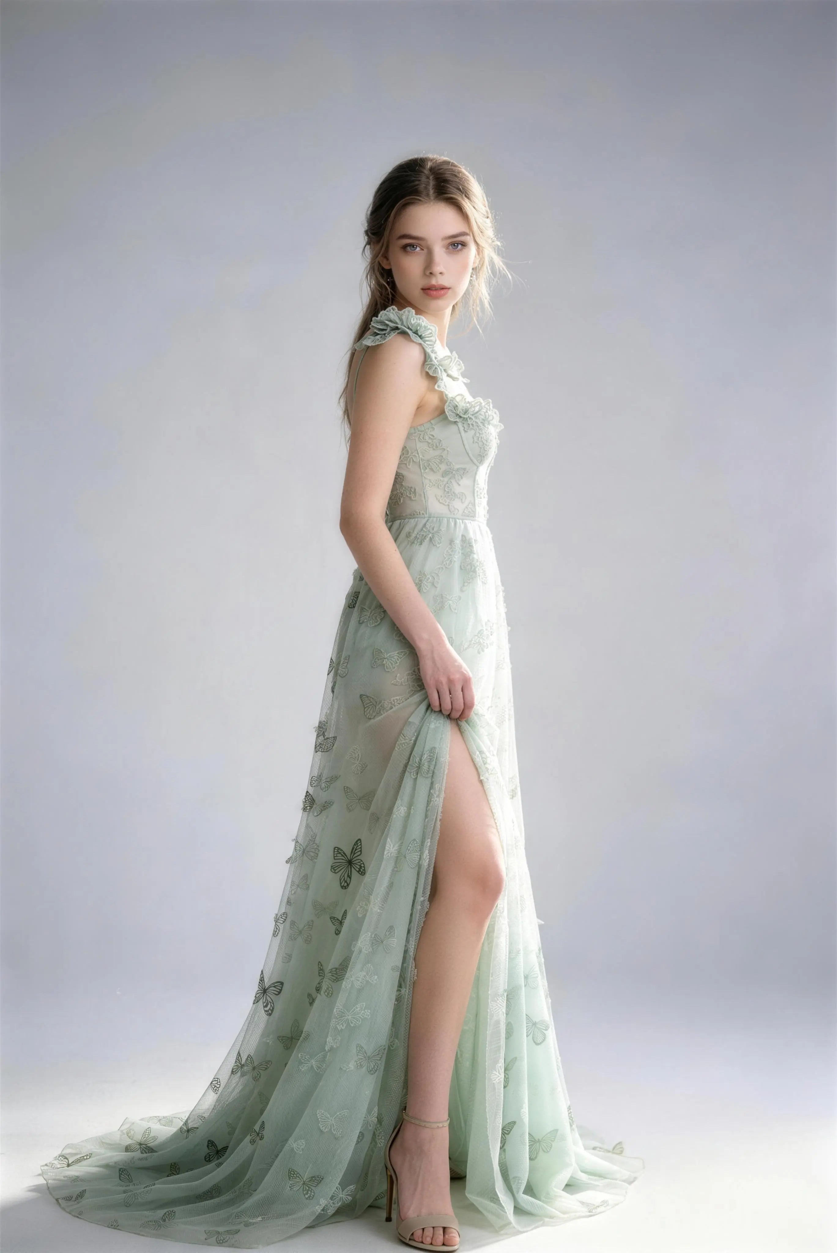 Phoehua Dreamy 3D Butterfly Tulle Formal Dress, Side Pose High Waist High Slit Backless Wedding Bridal Long Dress