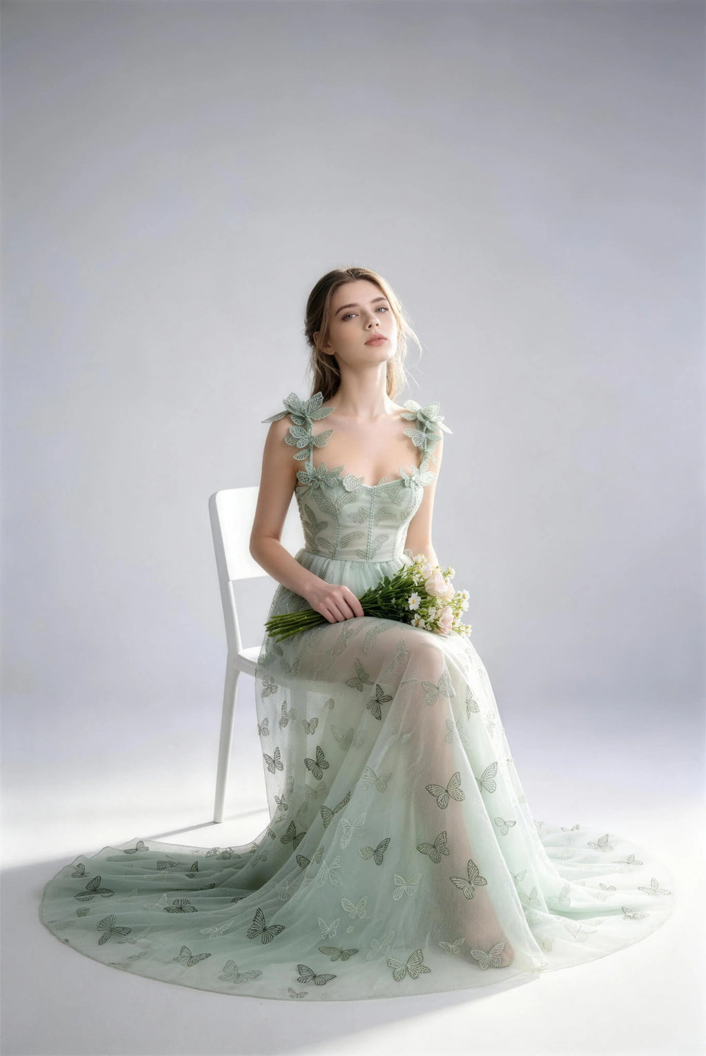 Phoehua Luxury Green Butterfly Fairy Dress, Sitting Pose Spaghetti Strap Sheer Tulle Wedding Banquet Occasion Maxi Gown