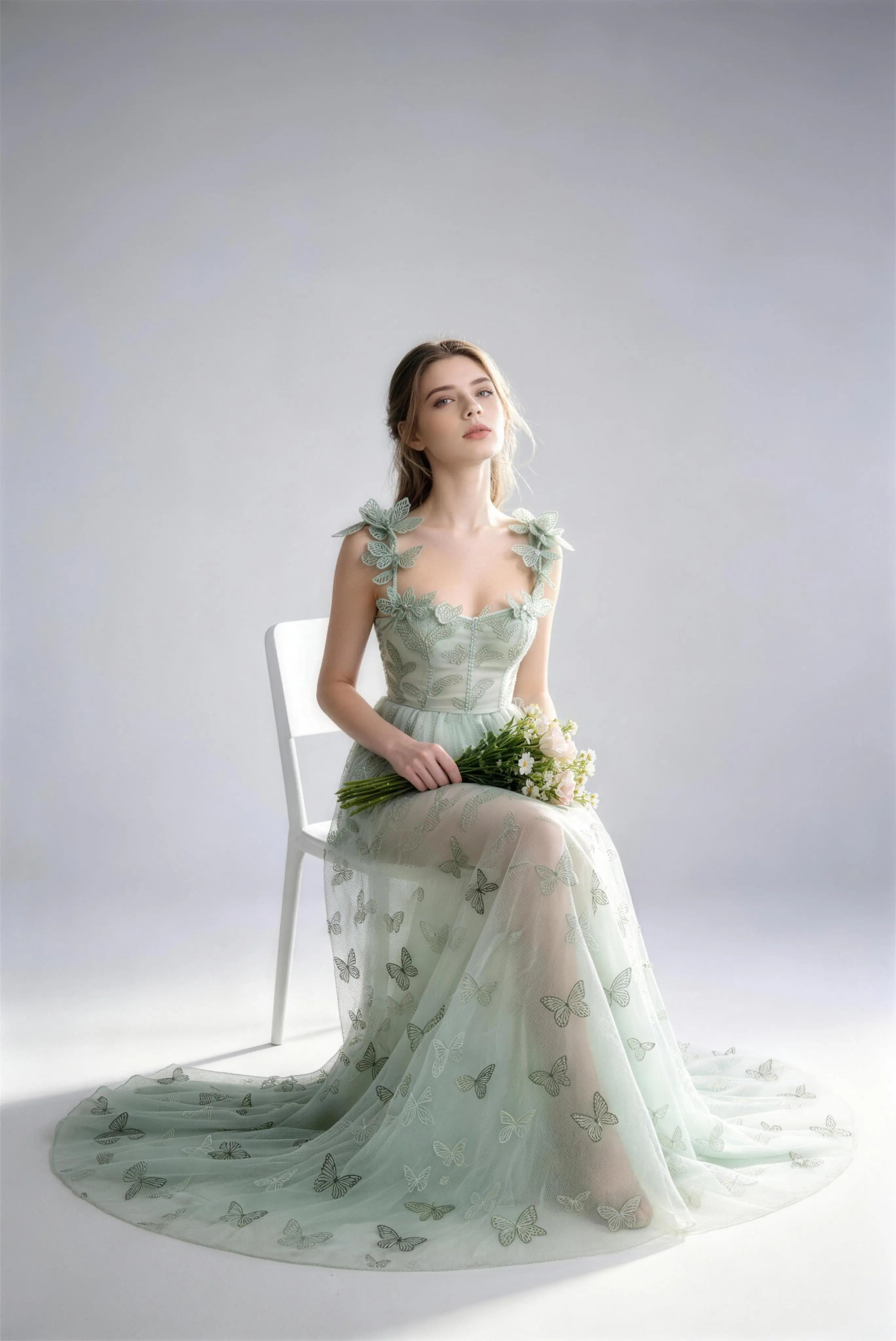 Phoehua Luxury Green Butterfly Fairy Dress, Sitting Pose Spaghetti Strap Sheer Tulle Wedding Banquet Occasion Maxi Gown