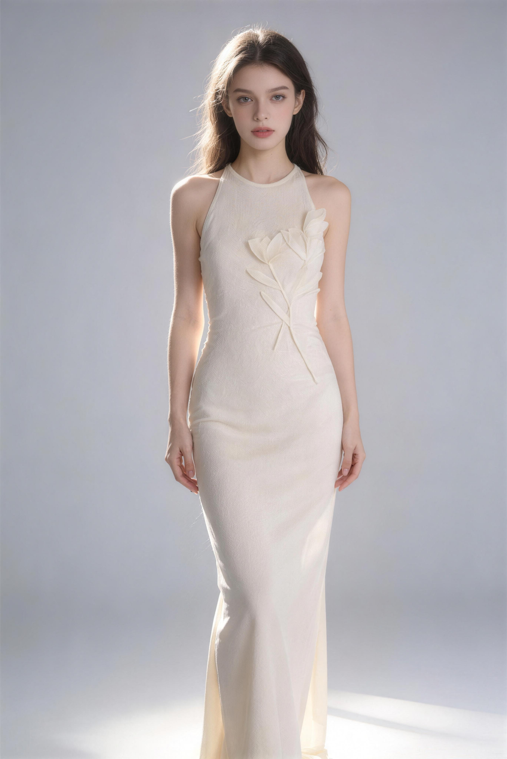 Phoehua Beige 3D Floral Applique Halter Sleeveless Maxi Dress, Front View Back Cutout Slim Mermaid Elegant Wedding Evening Long Dress