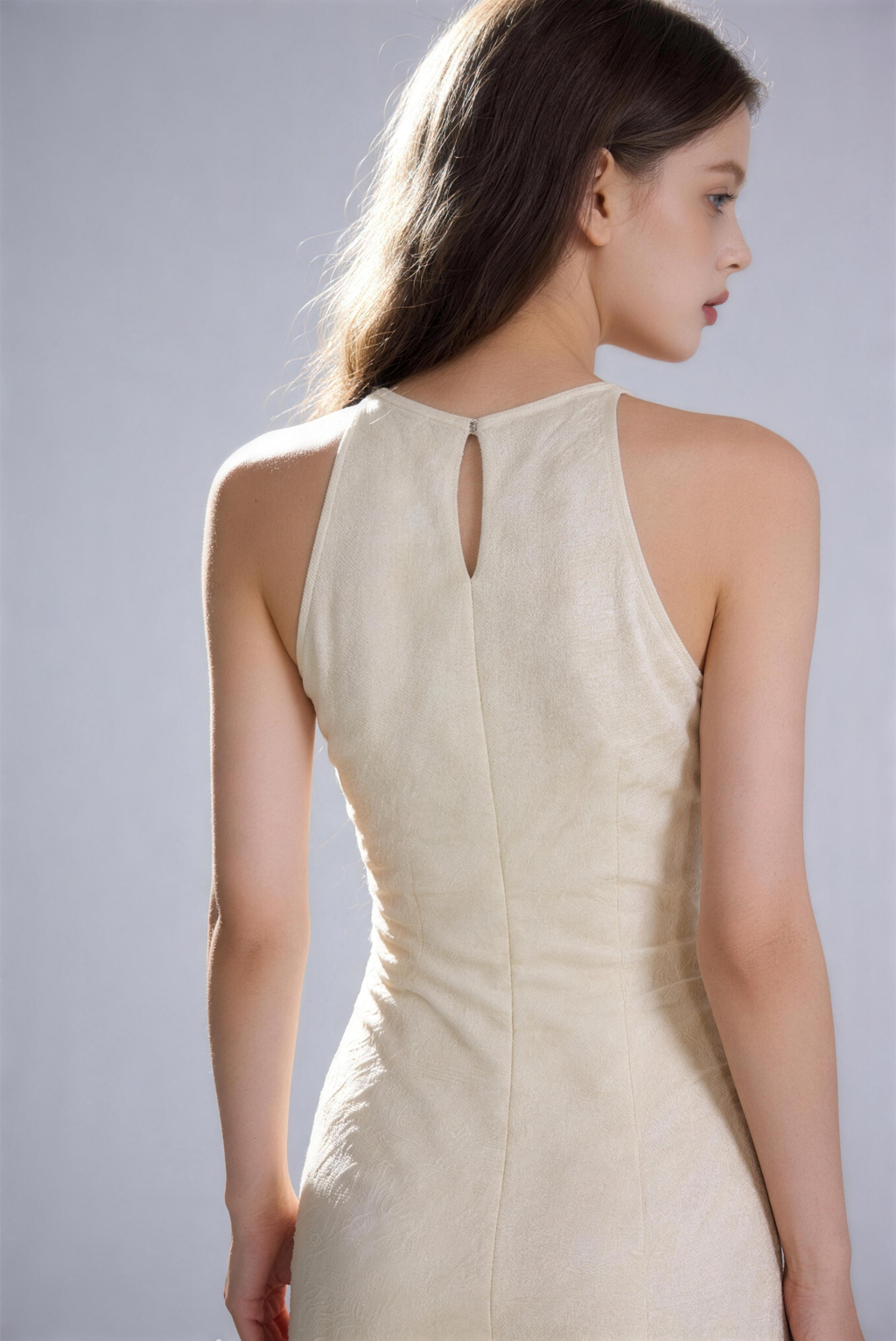 Phoehua Elegant Gentle Beige Dress, Back View Keyhole Hollow Halter Neck Sleeveless High Waist Bodycon Formal Maxi Dress