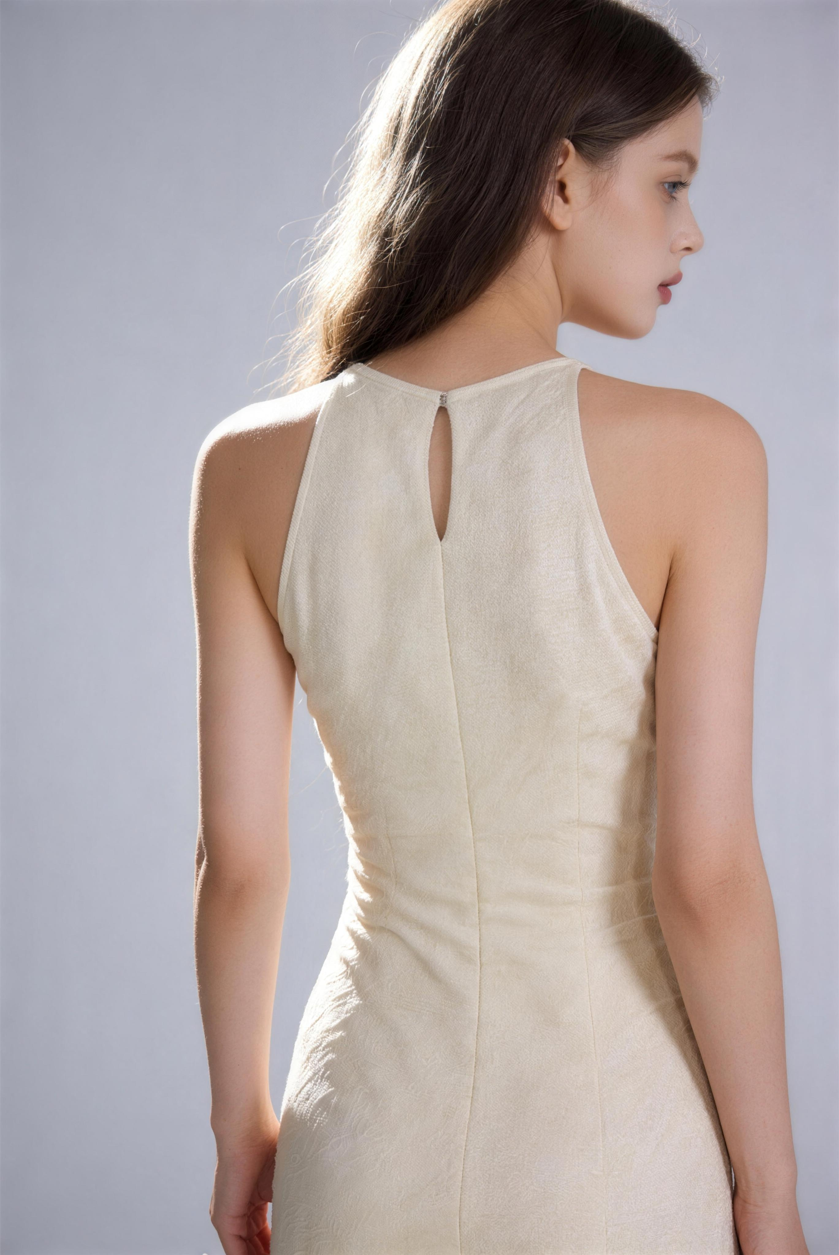 Phoehua Elegant Gentle Beige Dress, Back View Keyhole Hollow Halter Neck Sleeveless High Waist Bodycon Formal Maxi Dress