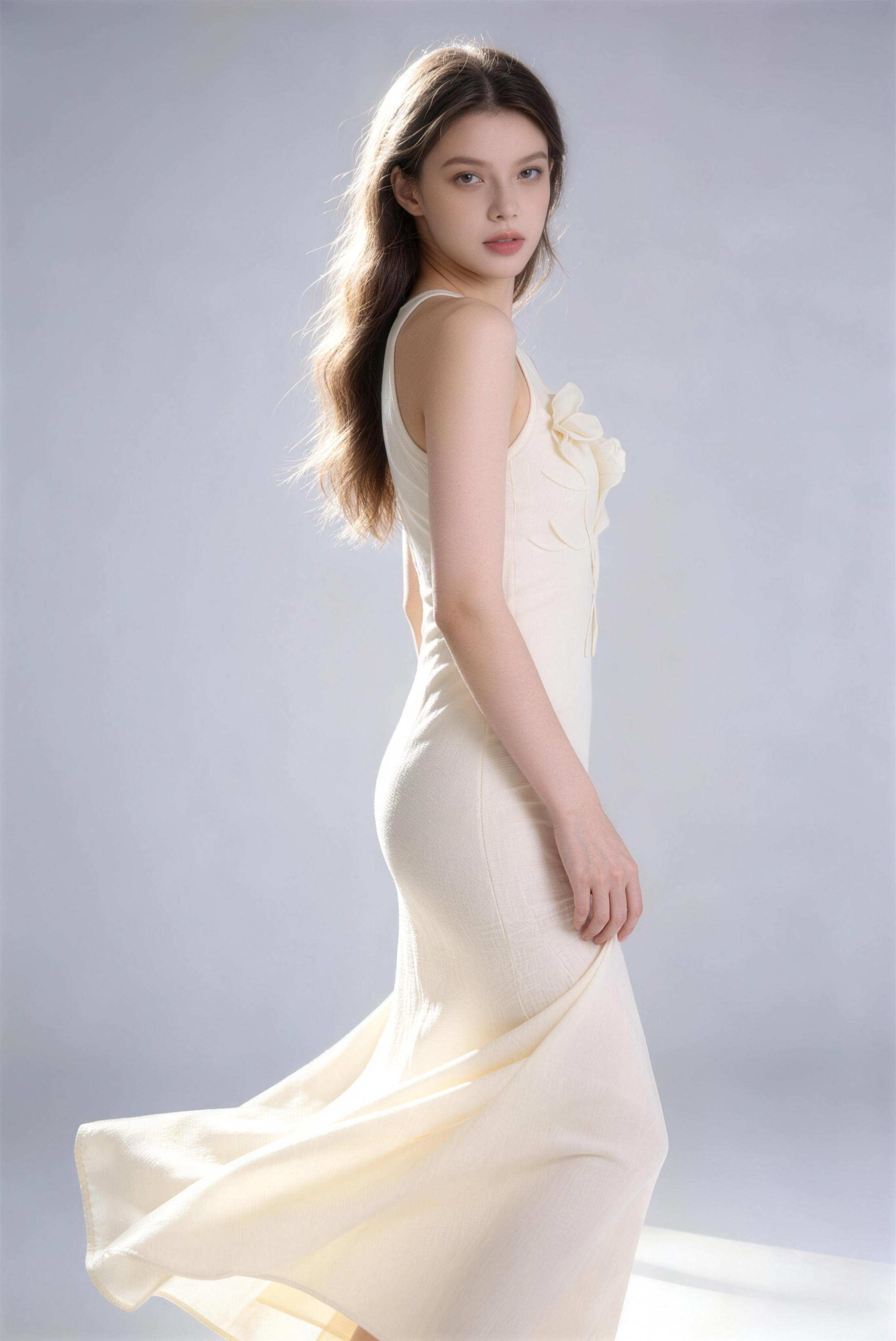 Phoehua Chic Tencel Floral Maxi Dress, Side Walking View Flowy Draping Halter Slim Wedding Banquet Fairy Long Dress