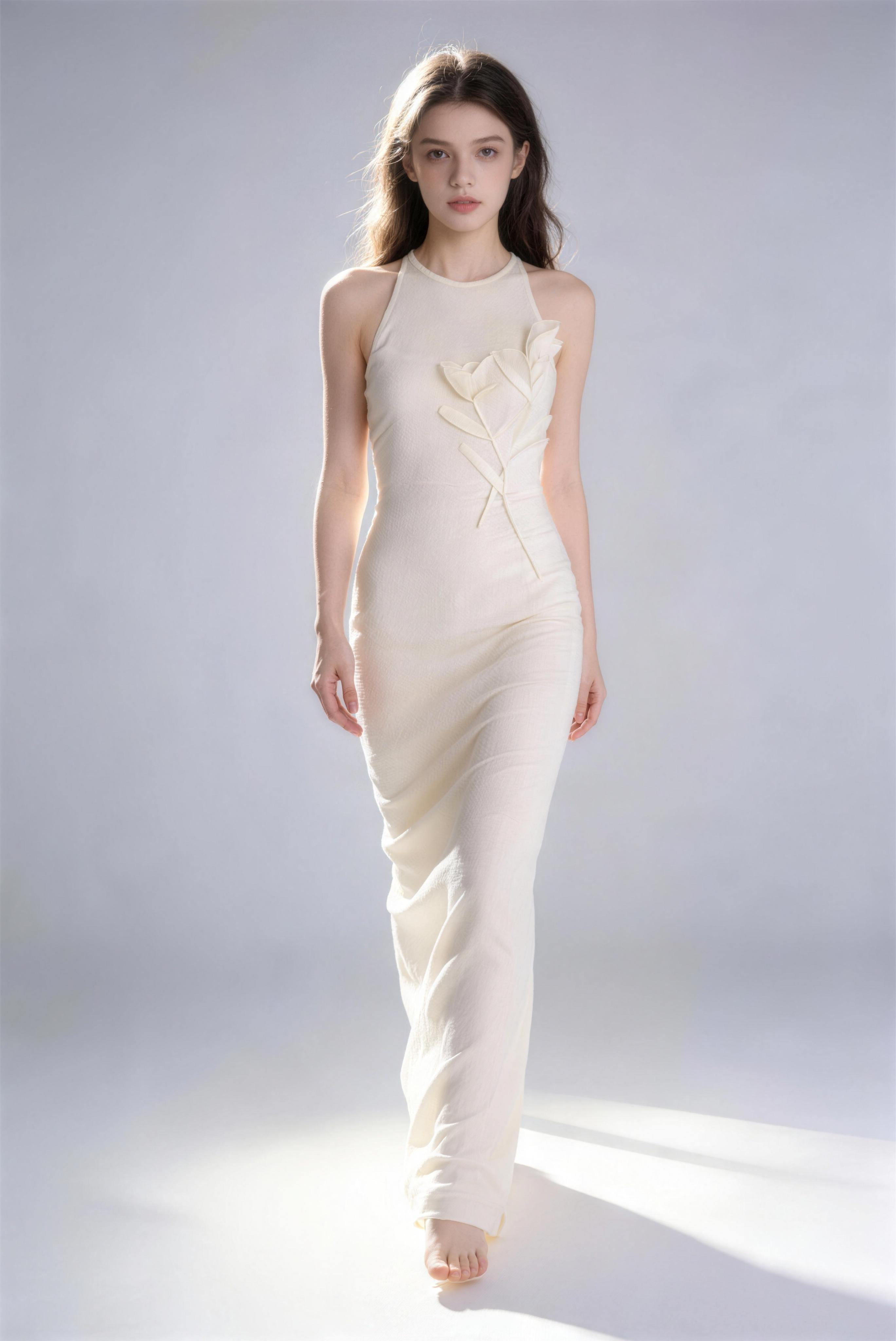 Phoehua Minimalist Beige 3D Flower Halter Dress, Standing Pose Sleeveless Back Cutout High Waist Elegant Evening Party Dress