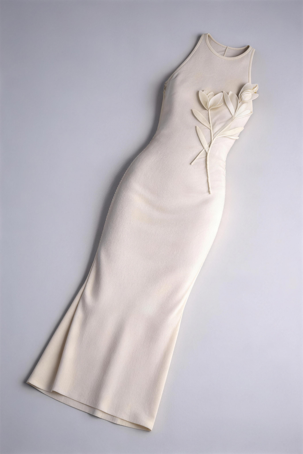 Beige 3D Floral Applique Halter Sleeveless Maxi Dress