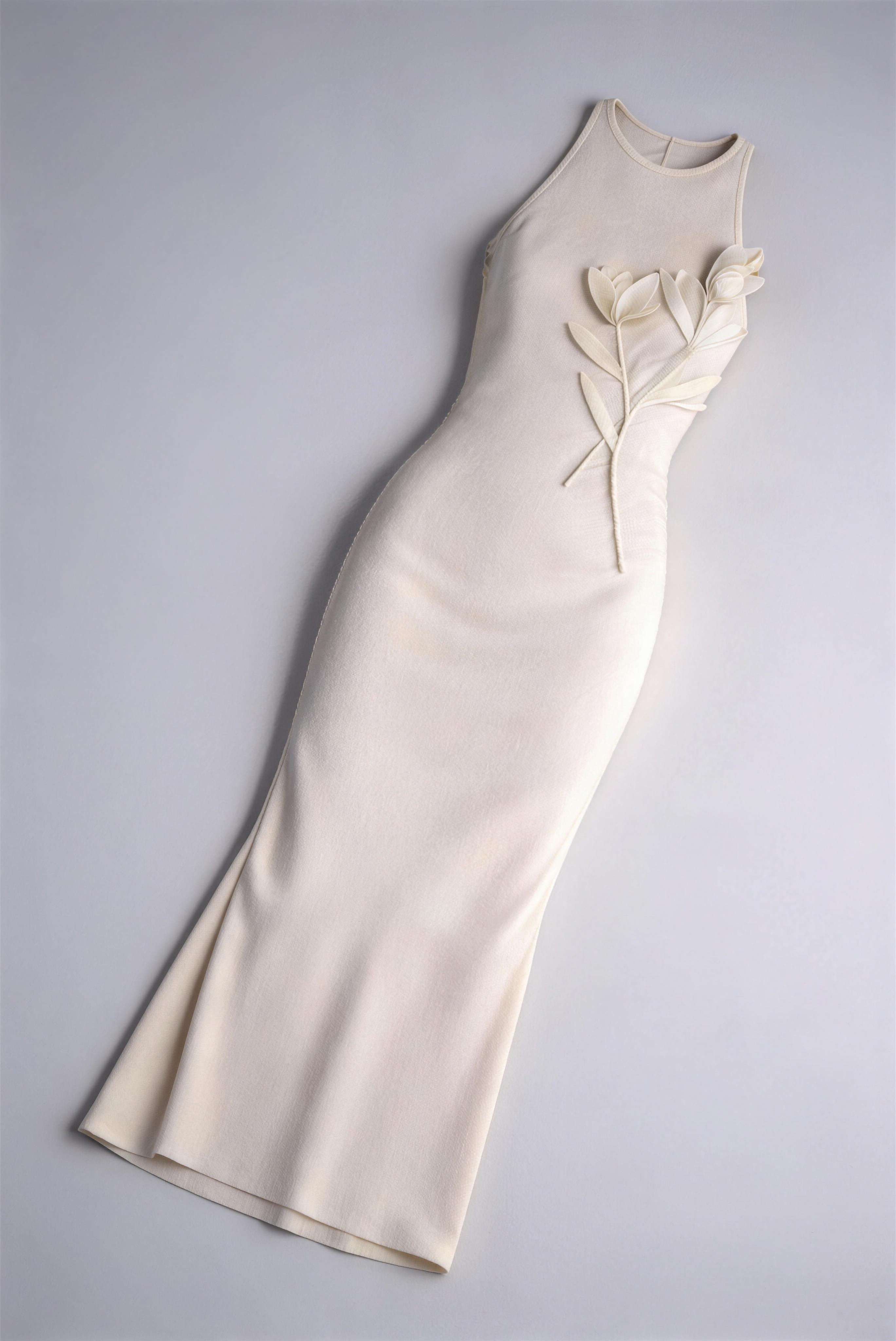 Beige 3D Floral Applique Halter Sleeveless Maxi Dress