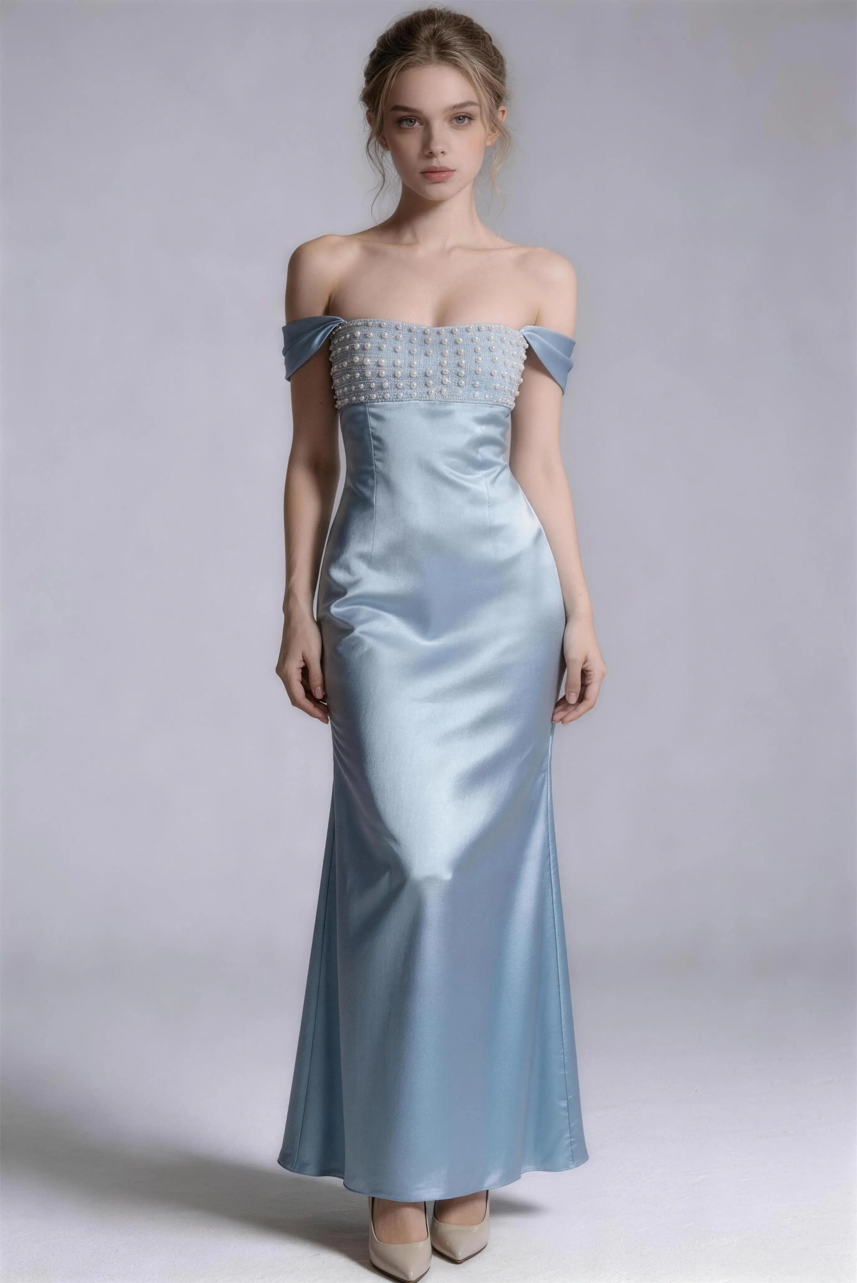 Phoehua Sky Blue Pearl Beaded Off Shoulder Satin Mermaid Maxi Dress, Front View High Waist Elegant Wedding Evening Formal Party Long Gown