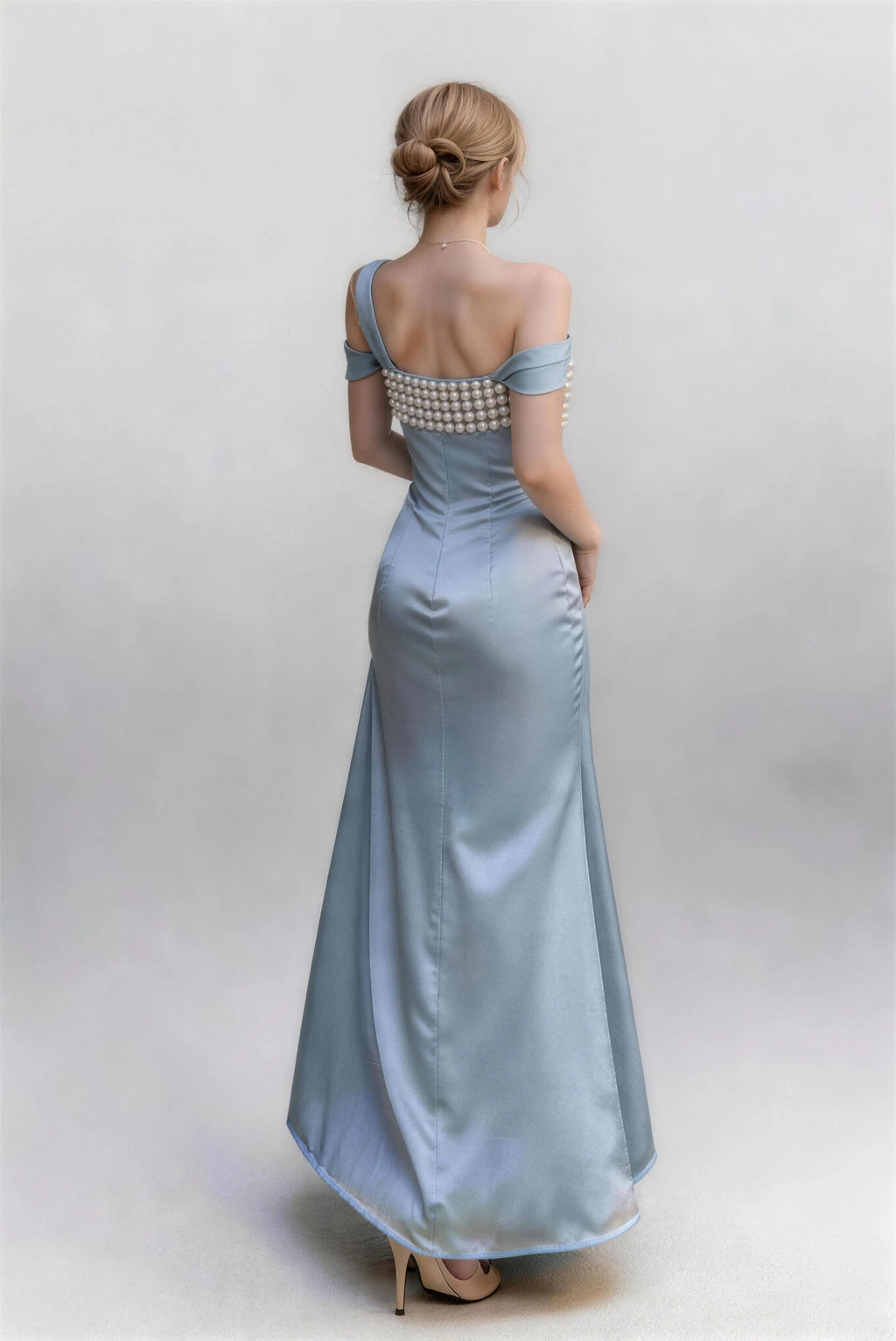 Phoehua Luxury Streamer Blue Satin Dress, Back View Hollow Off Shoulder Pearl Decor Slim Fishtail Bridal Wedding Maxi Dress