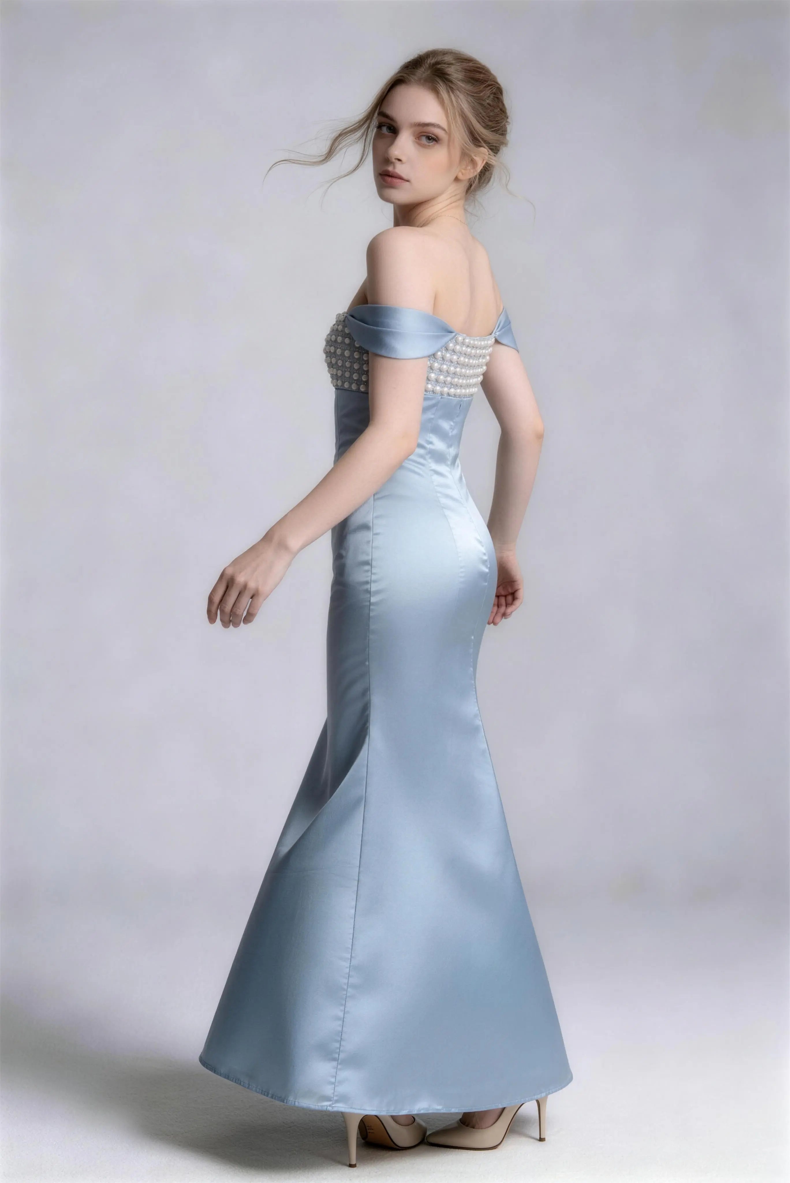 Phoehua Chic Pearl Off Shoulder Evening Gown, Side View Gloss Satin High Waist Flowy Mermaid Banquet Formal Long Dress