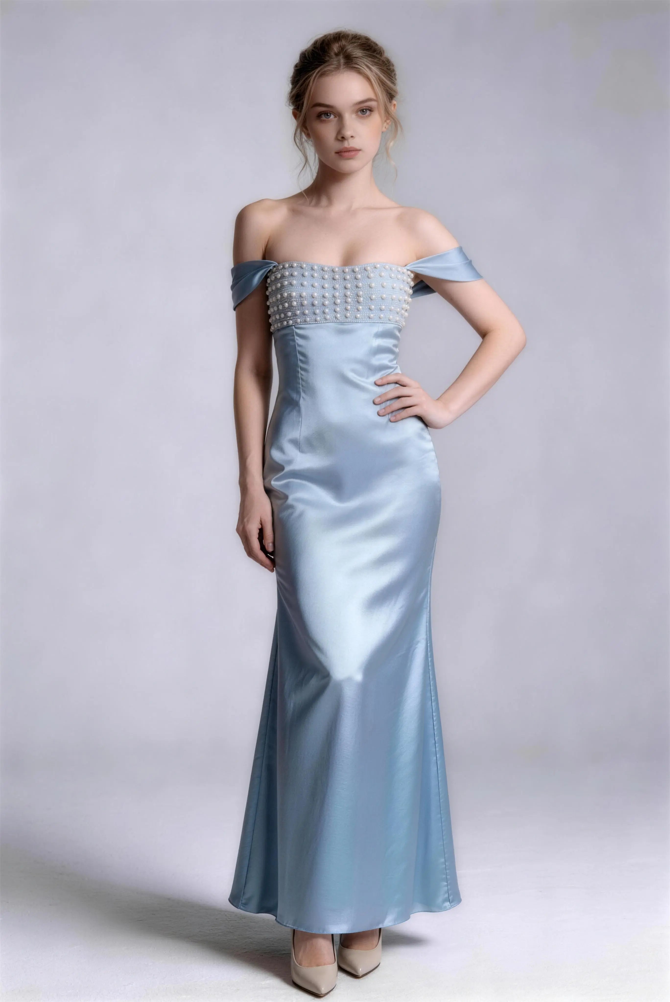 Phoehua Elegant Noble Lady Blue Satin Dress, Standing Pose Off Shoulder Pearl Beaded Wedding Party Formal Maxi Dress