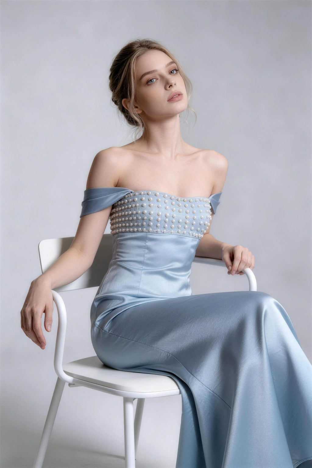 Phoehua Dreamy Gloss Blue Pearl Wedding Dress, Sitting View Off Shoulder Smooth Satin Slim Banquet Bridal Occasion Long Gown