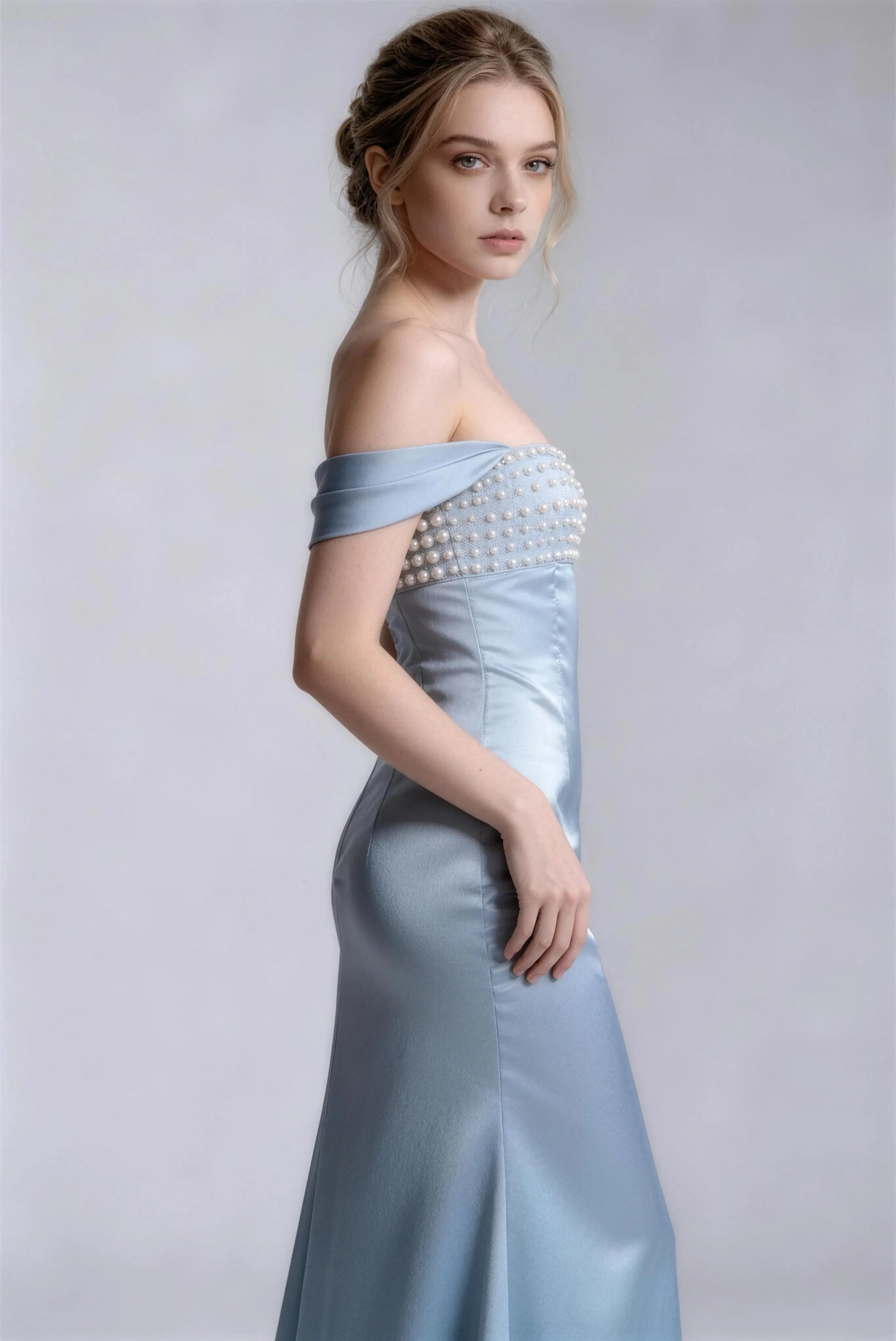 Pearl Off Shoulder Satin Mermaid Evening Dress