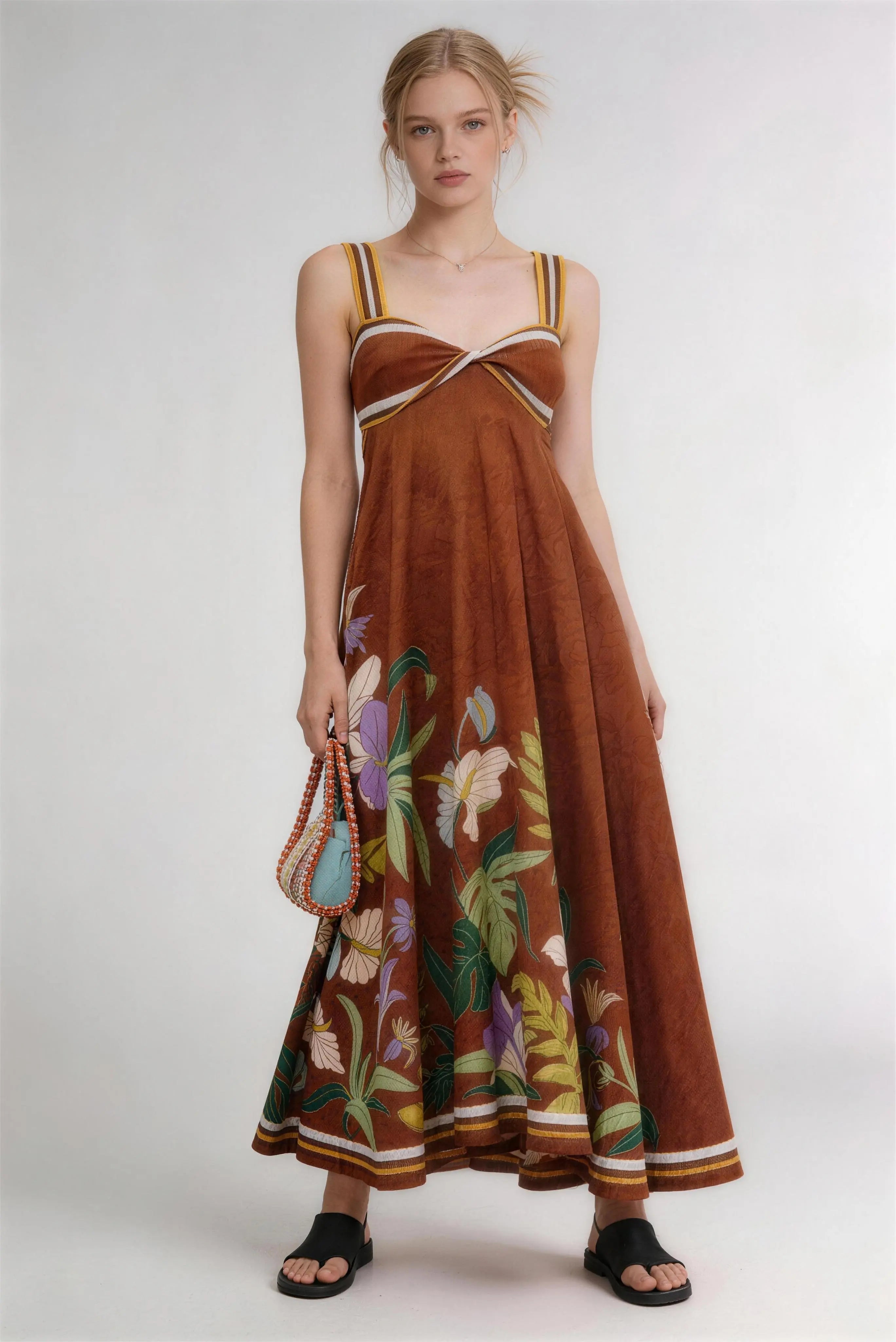 Phoehua Burnt Orange Tropical Floral Linen Blend Maxi Dress, Front View Twist Bust Wide Strap High Waist Boho Vacation Flowy Long Sundress