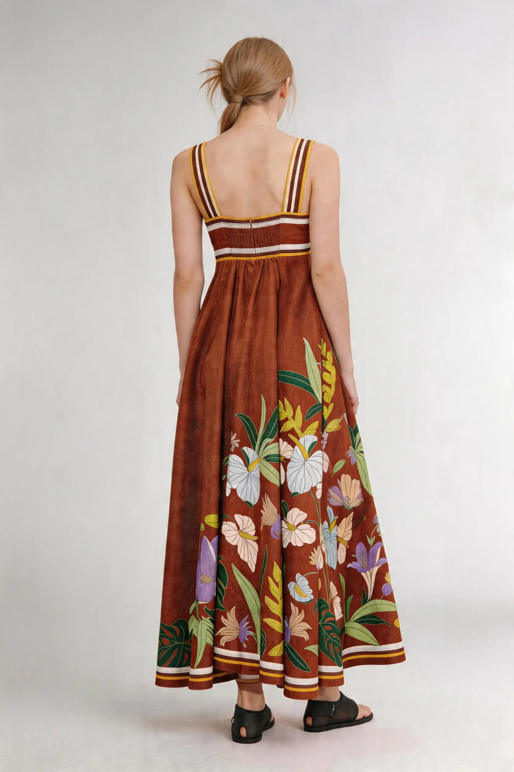 Phoehua Retro Boho Floral Dress, Back View Elastic Shirring Backless Striped Wide Strap Linen Casual Travel Maxi Dress