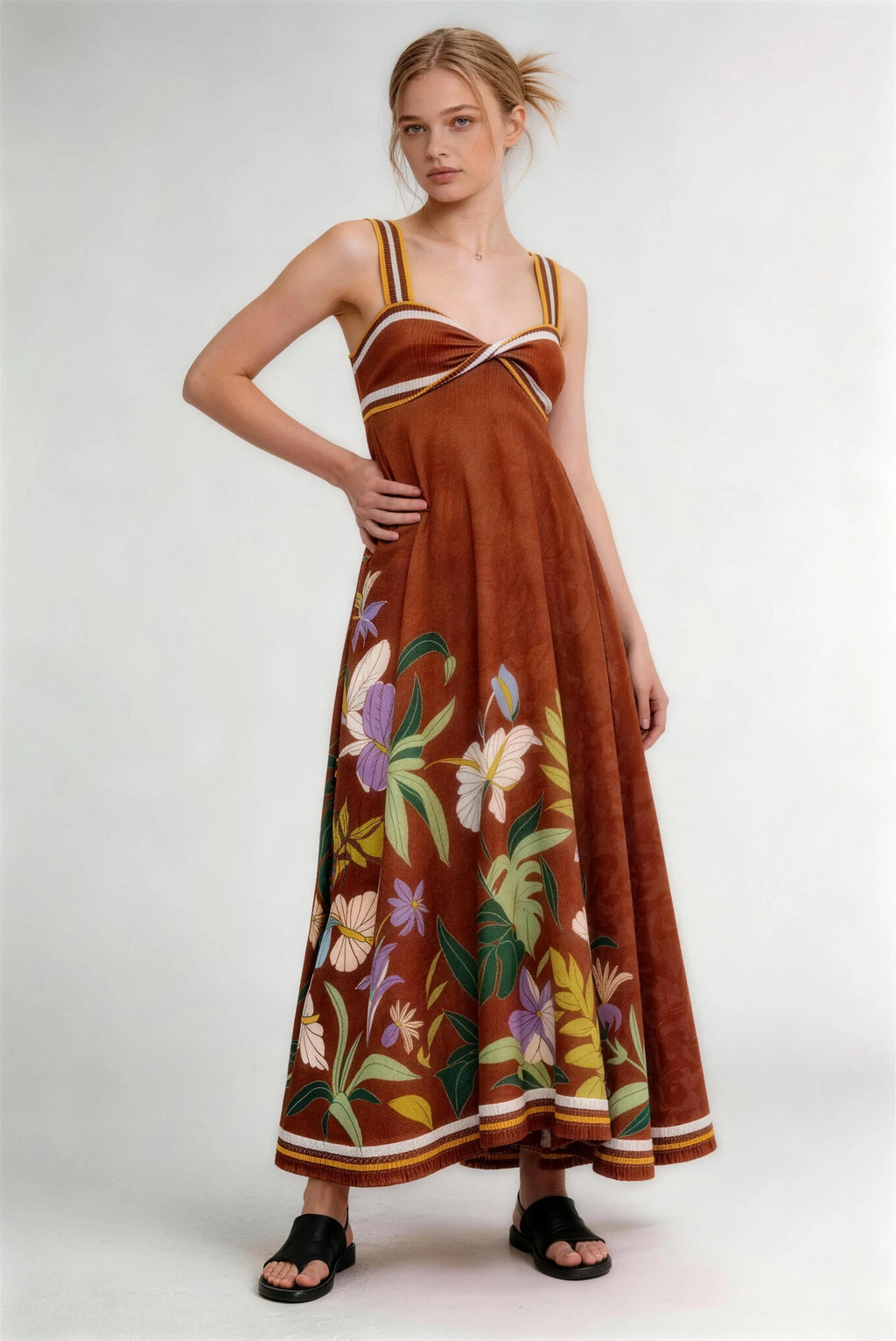 Phoehua Chic Tropical Plant Print Sundress, Side Standing Twist Neck High Waist A-Line Flowy Vacation Beach Long Dress