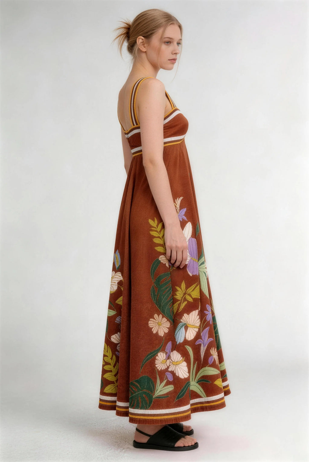 Phoehua Elegant Linen Blend Floral Maxi Dress, Side Profile Wide Strap Backless Slim Waist Bohemian Daily Casual Dress