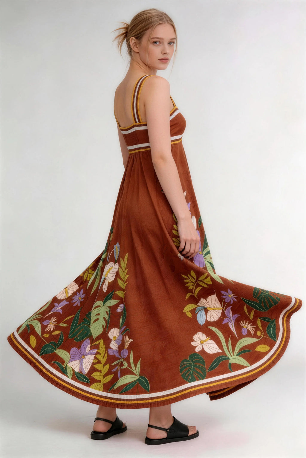Phoehua Dreamy Burnt Orange Boho Vacation Dress, Flowing Skirt View Tropical Printed Loose A-Line Seaside Travel Long Dress