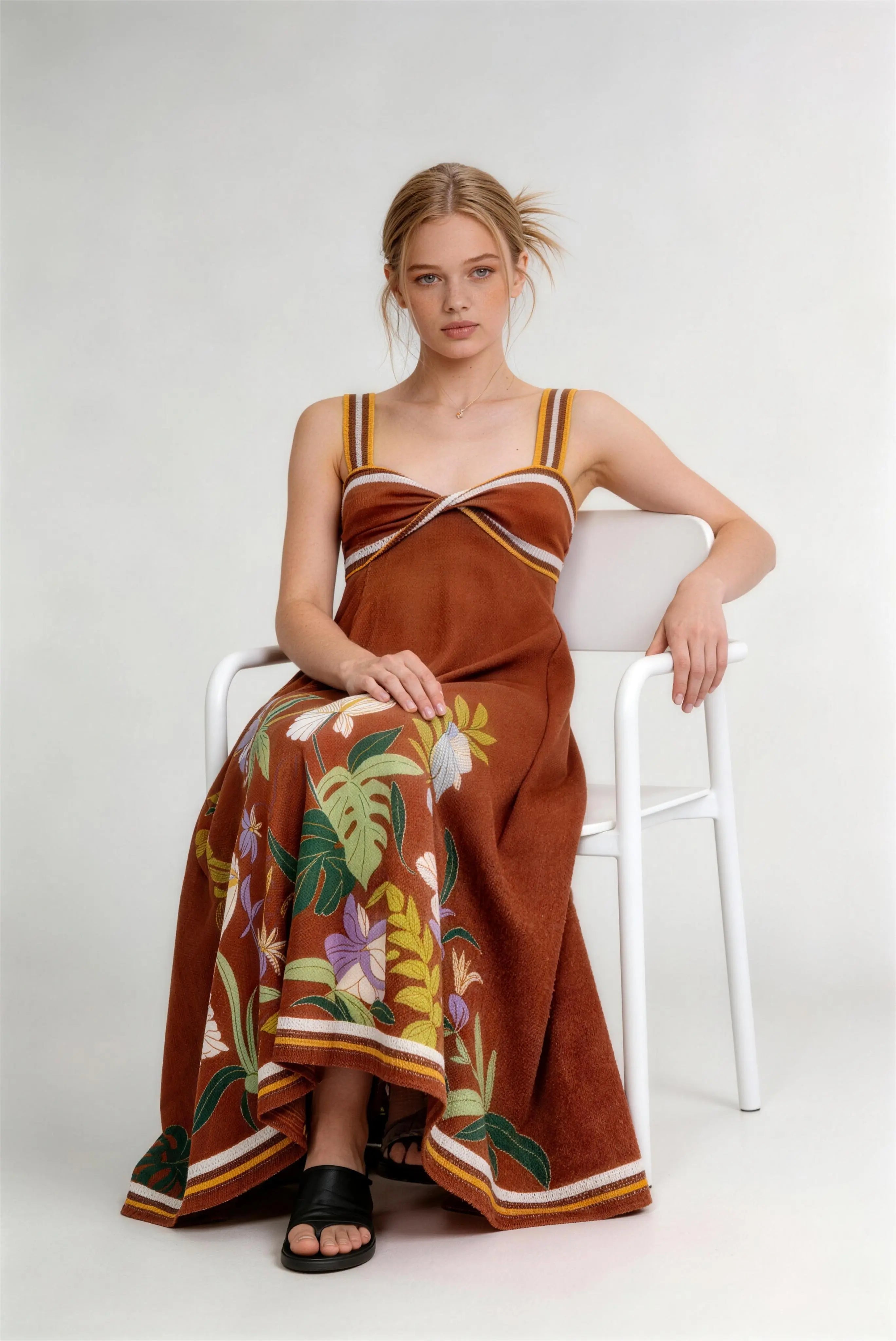 Model wearing brown burnt orange tropical floral print linen blend maxi dress