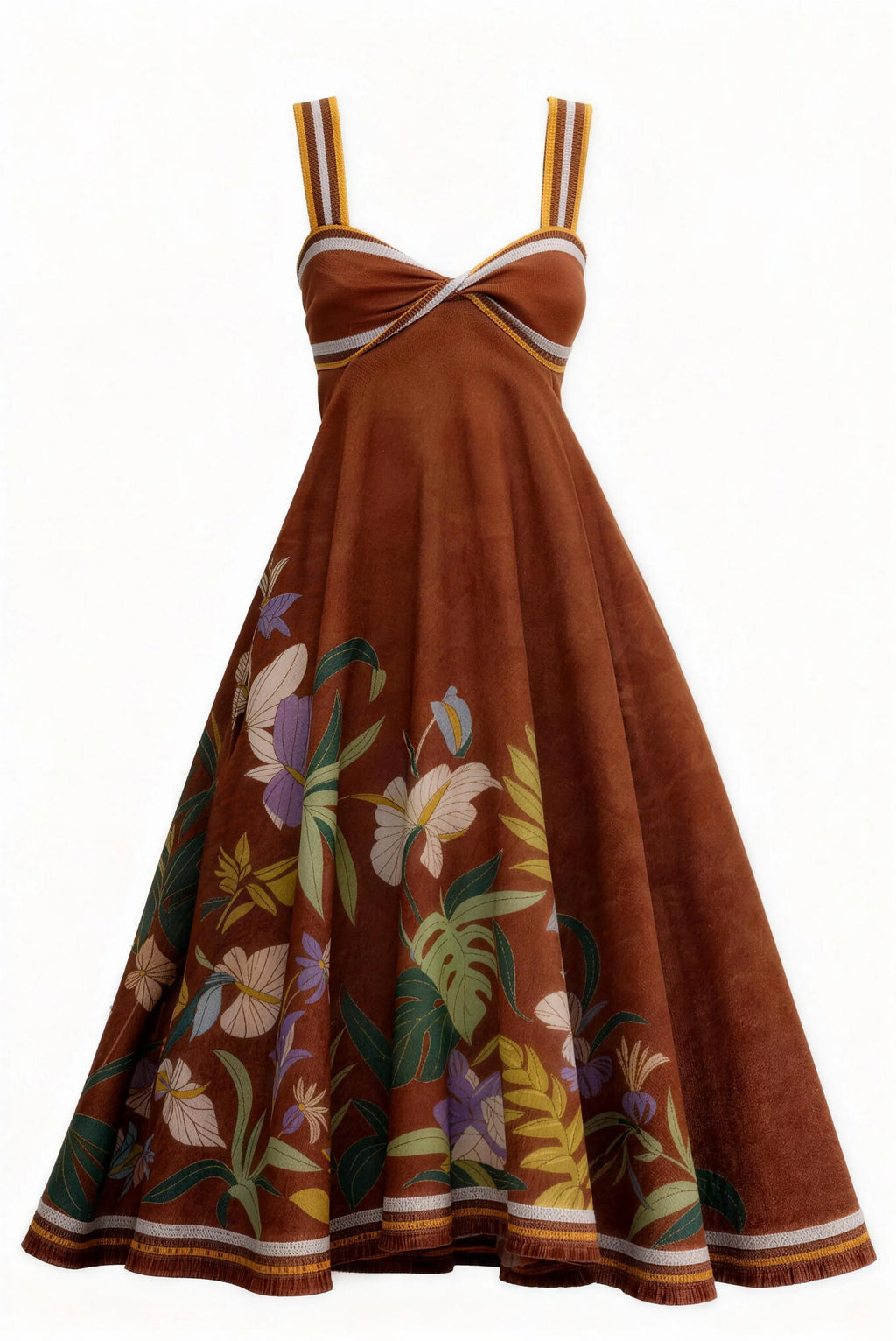Model wearing brown burnt orange tropical floral print linen blend maxi dress