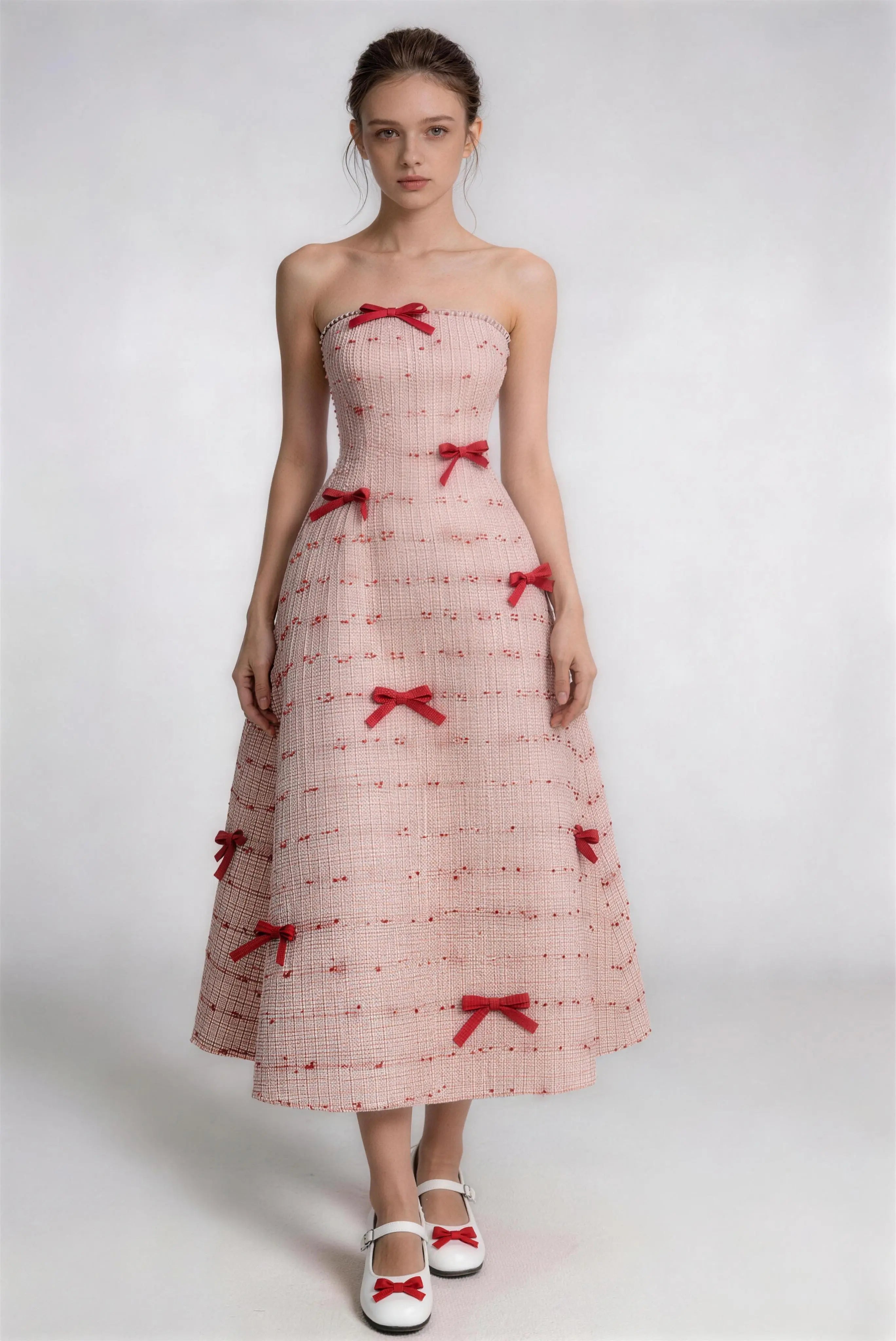 Phoehua Pink Plaid Tweed Strapless Midi Dress, Front View Red 3D Bow Decor Waist-Fitted Elegant Sweet Party Formal Tea Length Dress