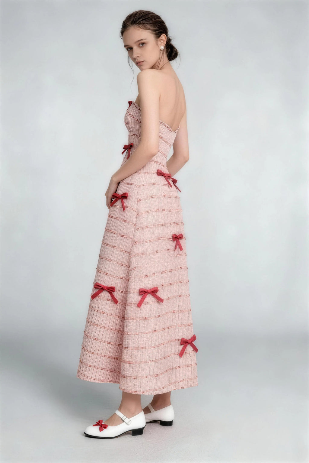 Phoehua Luxury Xiaoxiangfeng Bow Dress, Side Back View Sleeveless Strapless Slim Waist Flowy A-Line Wedding Guest Banquet Midi Dress