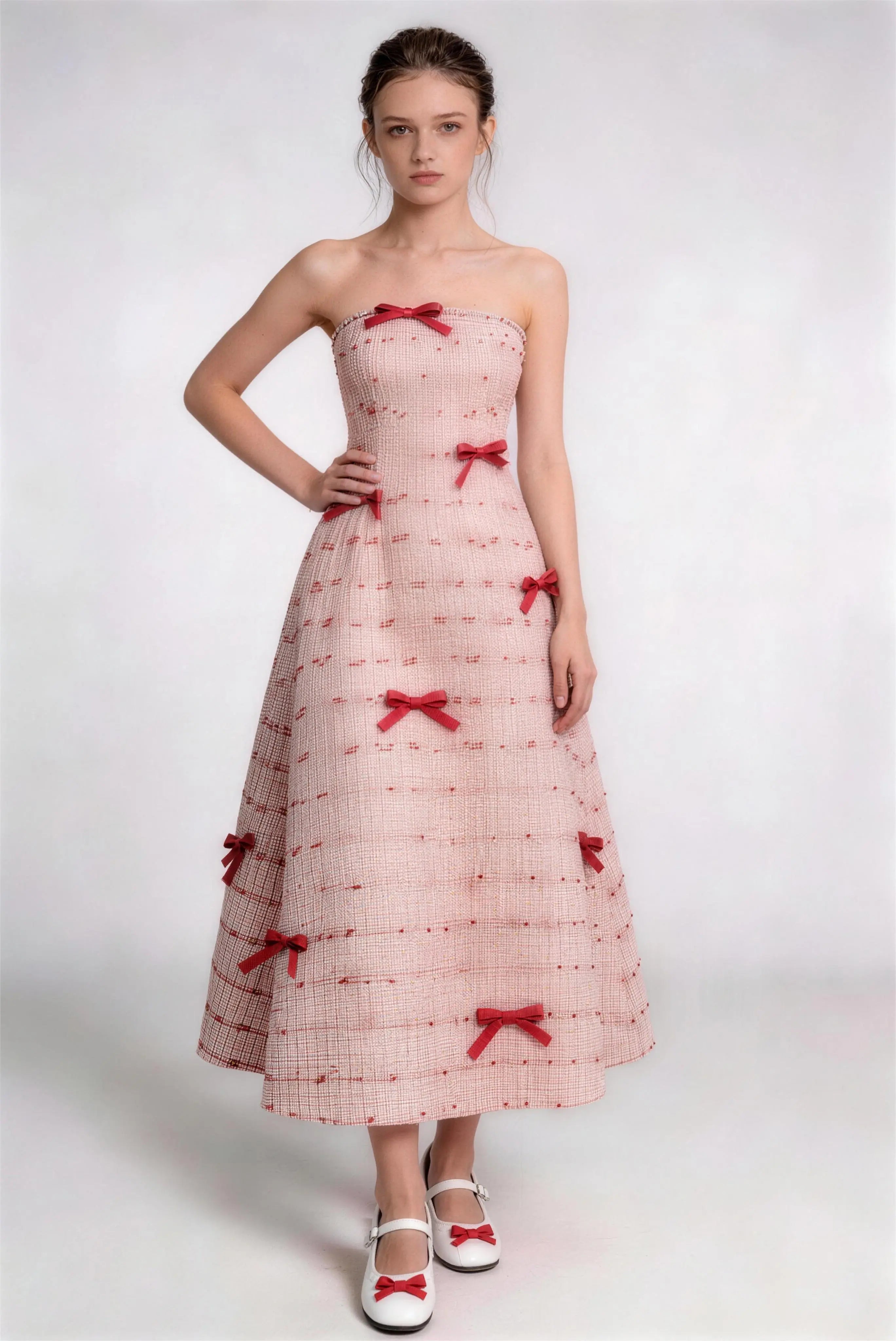 Phoehua Chic Girly Pink Tweed Formal Dress, Front Pose Strapless Red Bow Decor High Waist Elegant Dating Party Mid-Length Dress