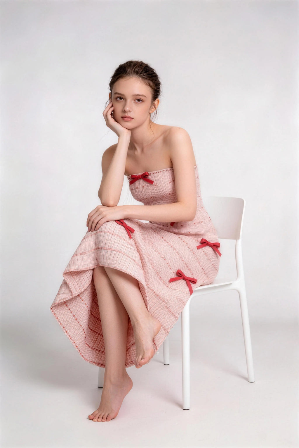 Phoehua Elegant Sweet Princess Dress, Sitting View Strapless Plaid Tweed Flowy Skirt Light Luxury Tea Party Portrait Midi Dress