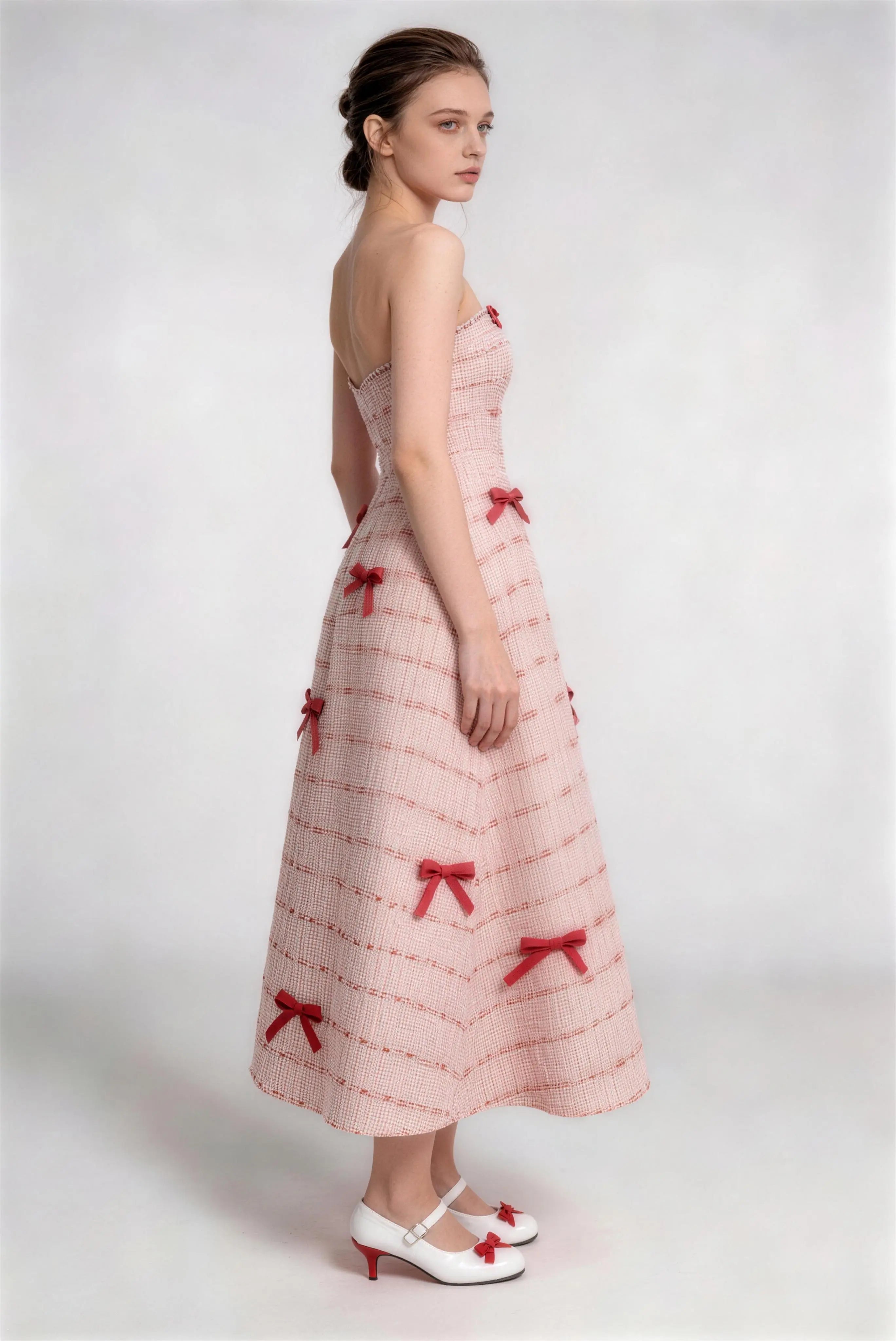 Phoehua Dreamy Pink Bow Formal Gown, Full Back View Sleeveless Waist-Cinching A-Line Autumn Wedding Banquet Elegant Long Dress