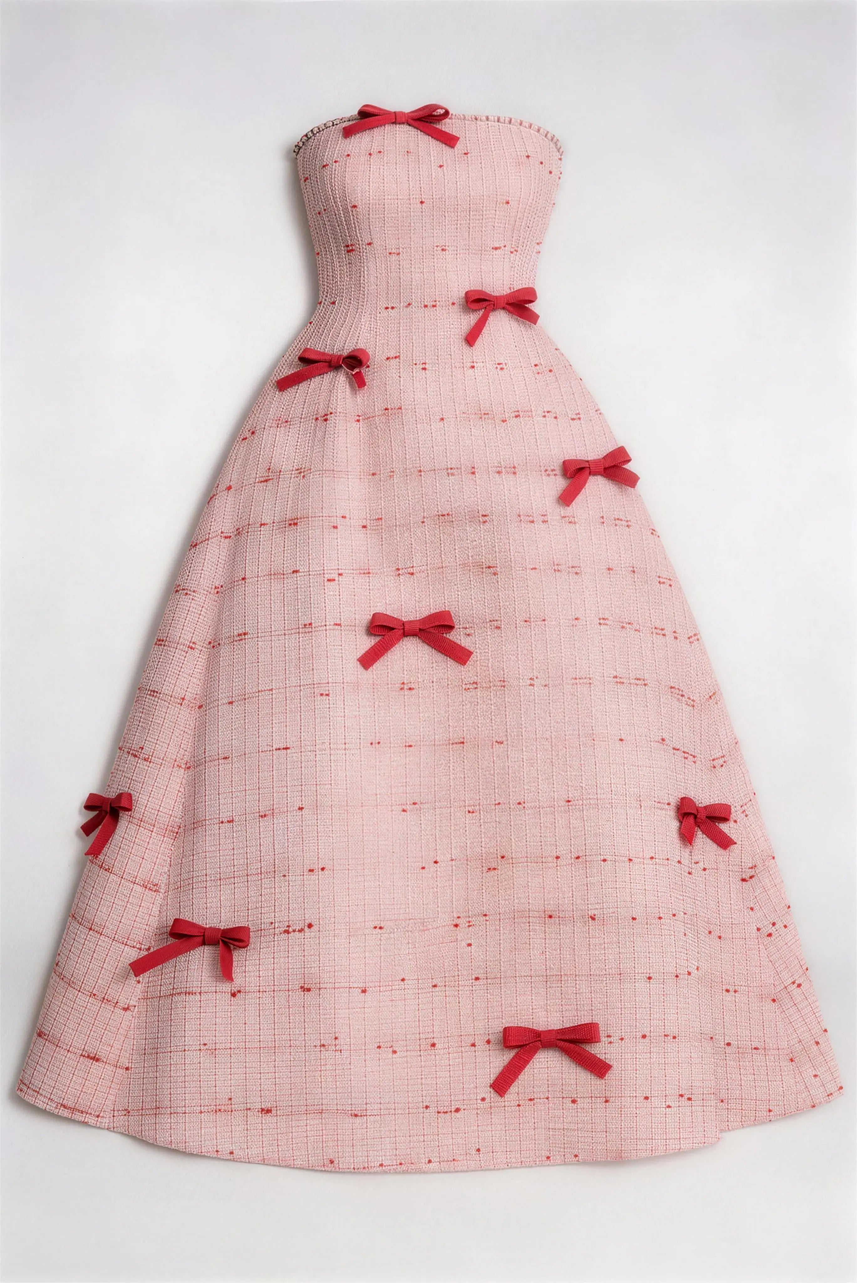 Pink Bow Tweed Strapless Midi Dress