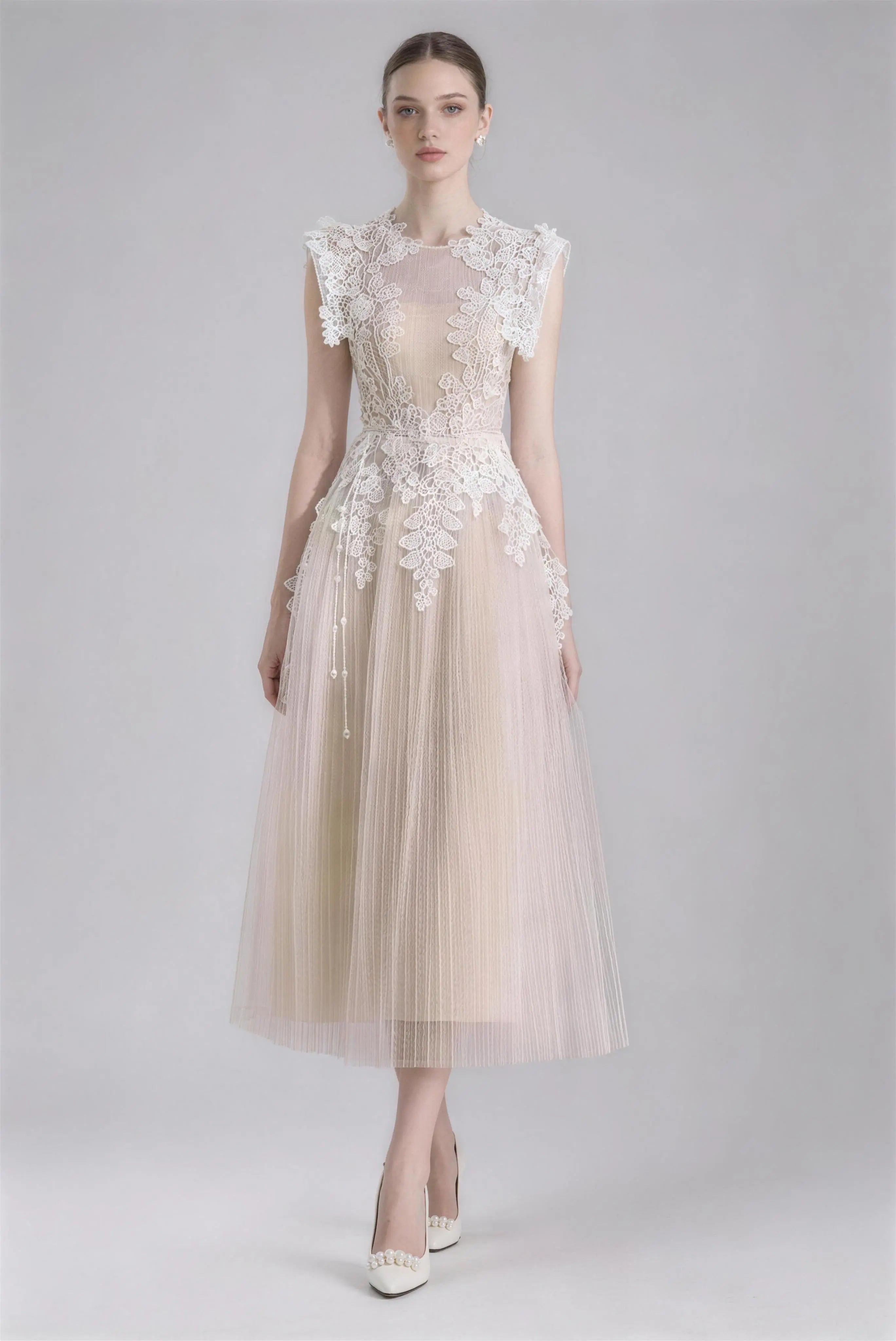Phoehua Champagne Sheer 3D Lace Embroidery Tulle Midi Dress, Front View Round Neck Cap Sleeve Slim Waist Elegant Wedding Bridal Formal Party Gown