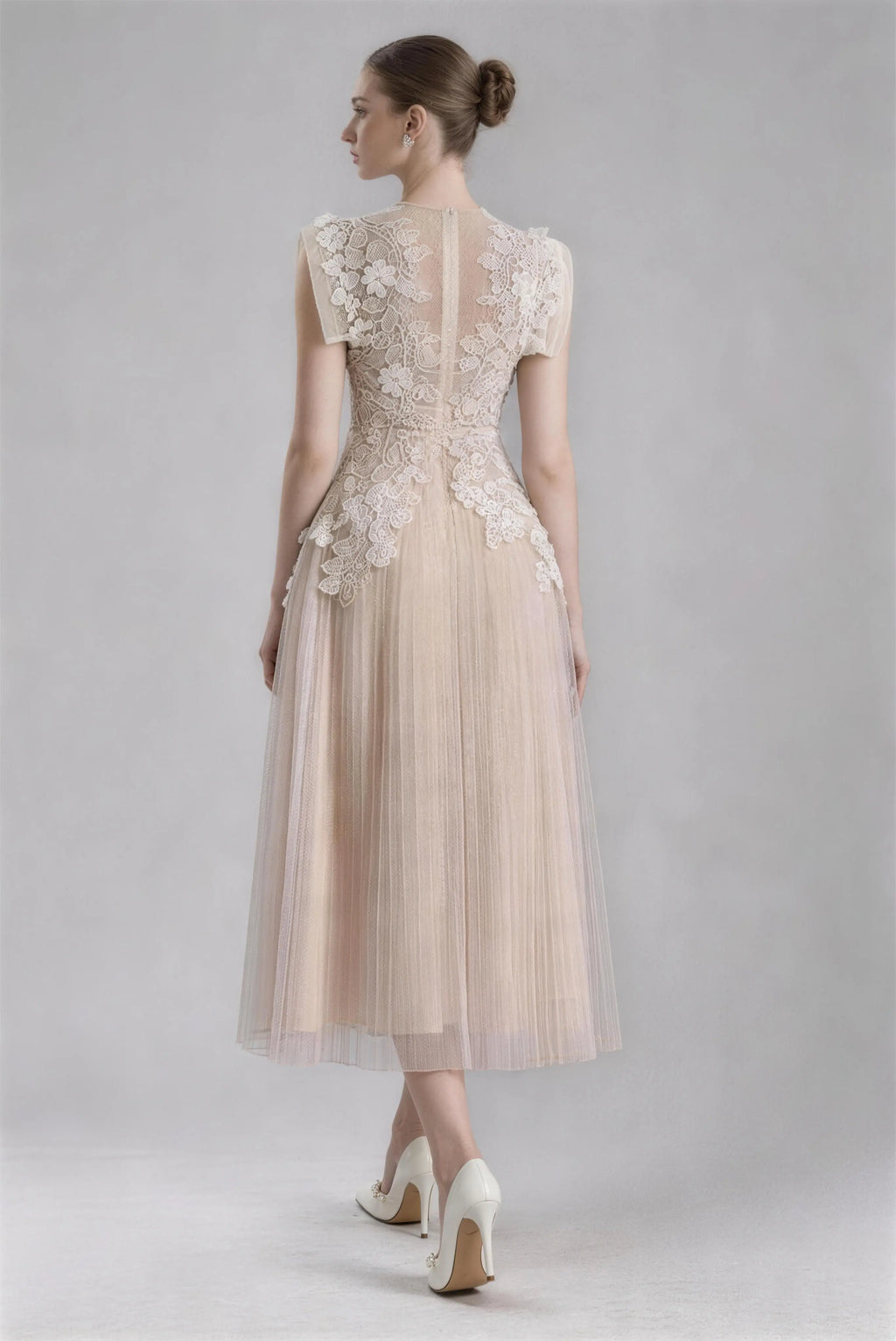 Phoehua Champagne Sheer 3D Lace Embroidery Tulle Midi Dress, Front View Round Neck Cap Sleeve Slim Waist Elegant Wedding Bridal Formal Party Gown